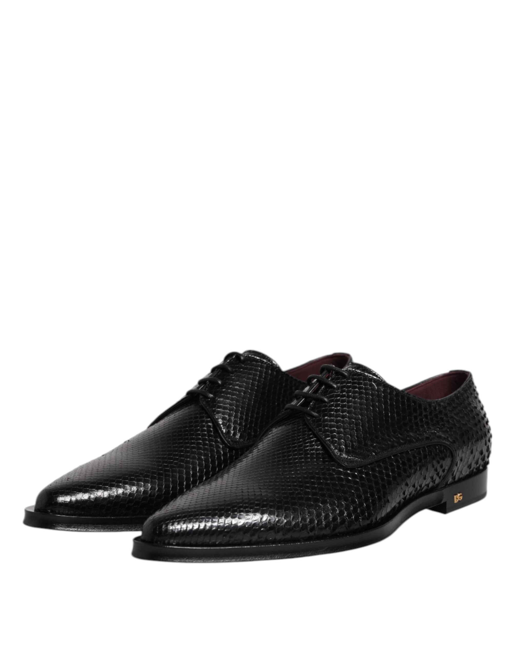 Experience the allure of Dolce & Gabbana's Black Leather Lace Up Derby Shoes, crafted from luxurious python leather, embodying timeless elegance and exquisite Italian craftsmanship.