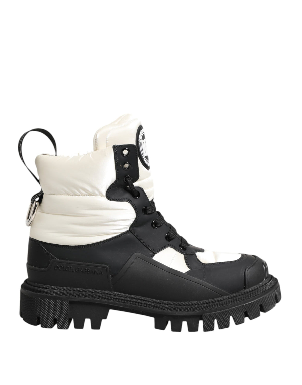 Elevate your style with Dolce & Gabbana's Black White Padded Lace Up Short Boots, where exquisite craftsmanship meets luxurious design, perfect for the discerning individual.