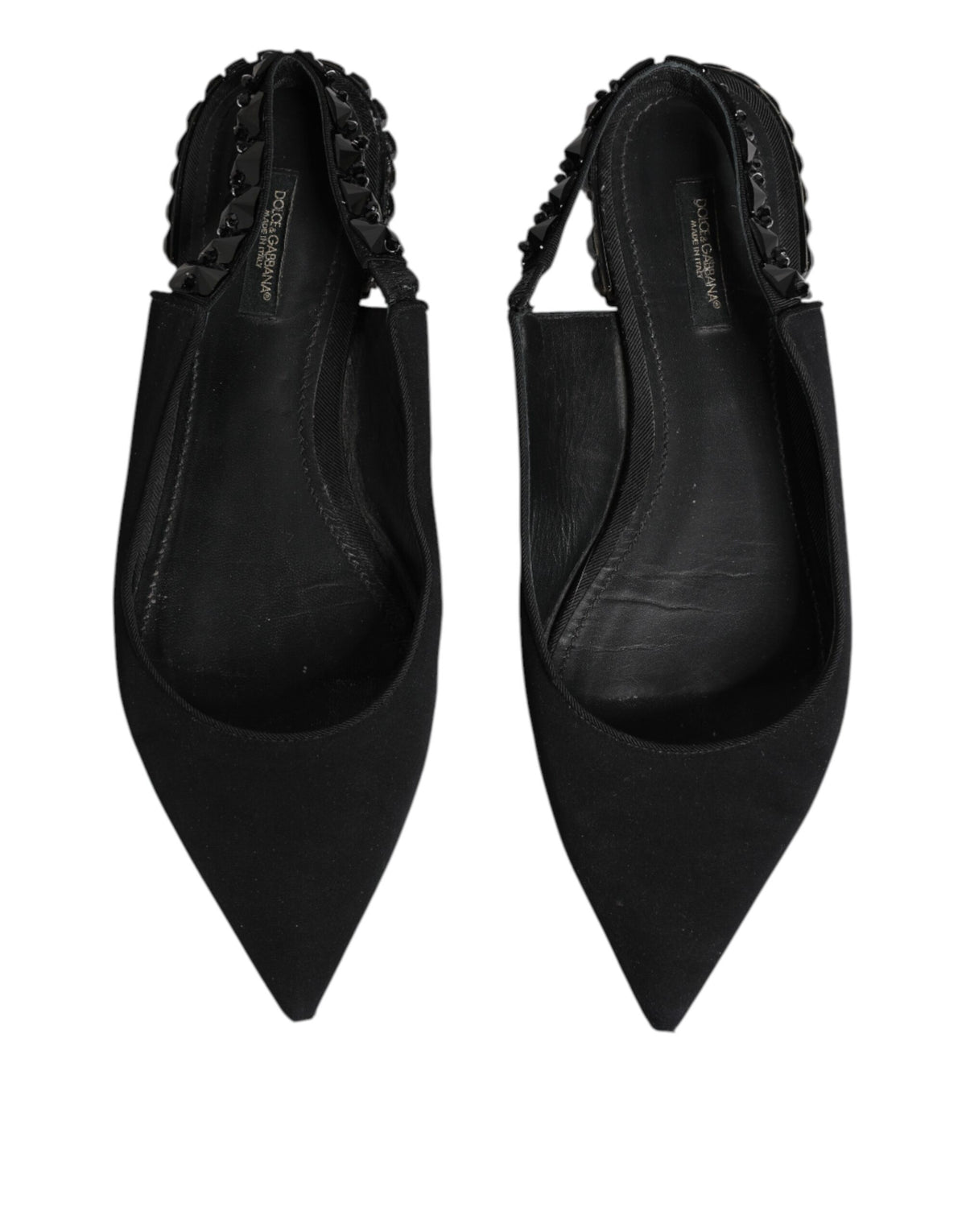Indulge in the exquisite allure of Dolce & Gabbana's Black Crystal Charmeuse Slingback Shoes, where luxurious silk meets Italian craftsmanship for an unforgettable statement.