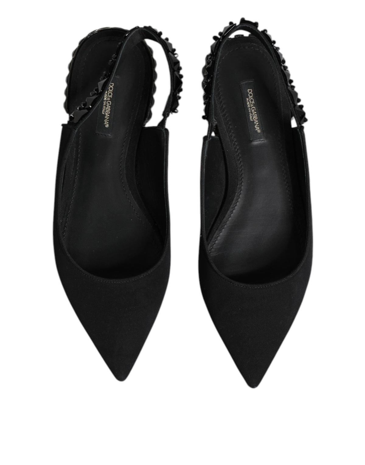 Experience the allure of Dolce & Gabbana's Black Crystal Charmeuse Slingback Shoes, crafted from luxurious silk, embodying timeless elegance for the discerning individual.
