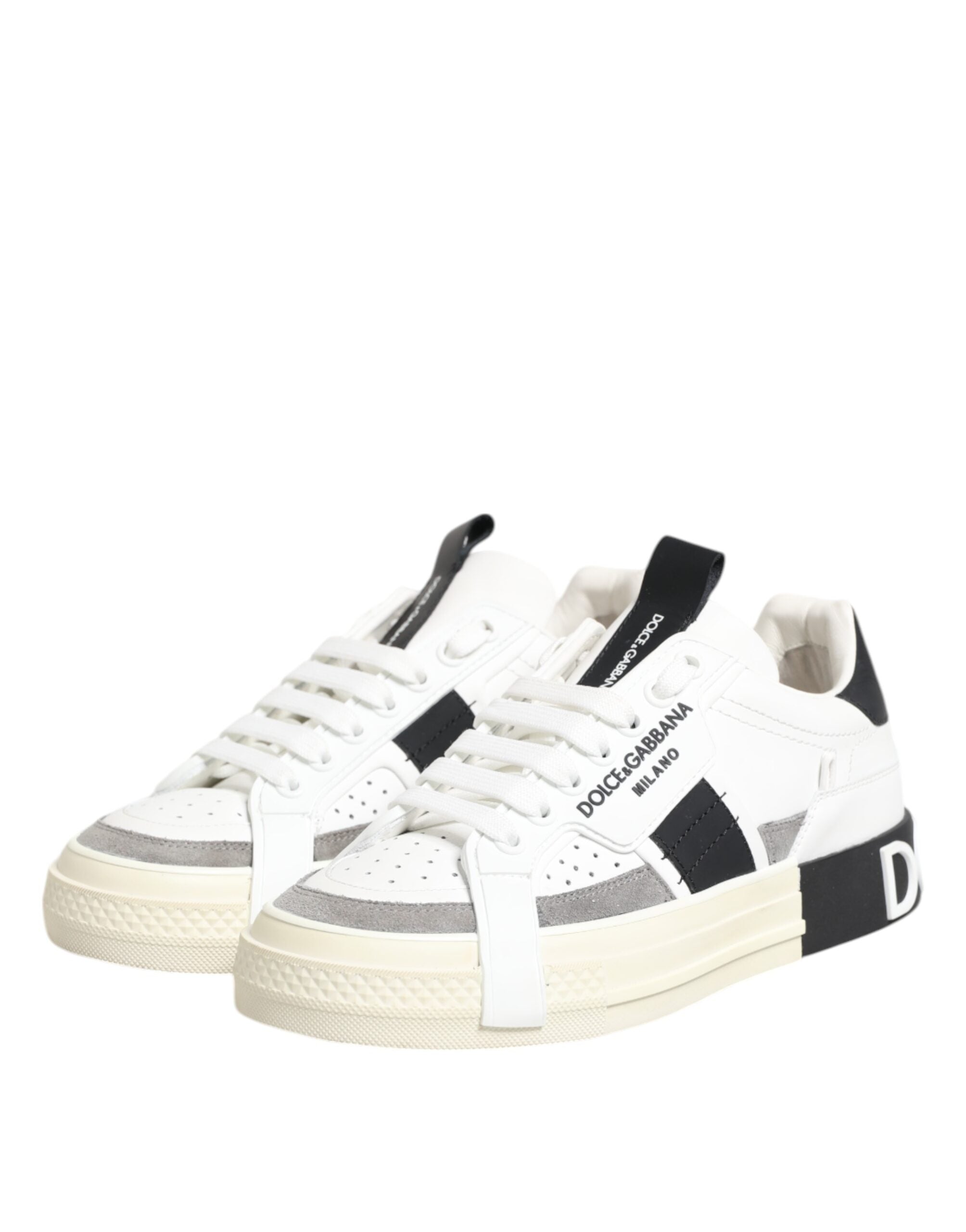 Dolce & Gabbana White Black Leather Low Top Sneakers Shoes