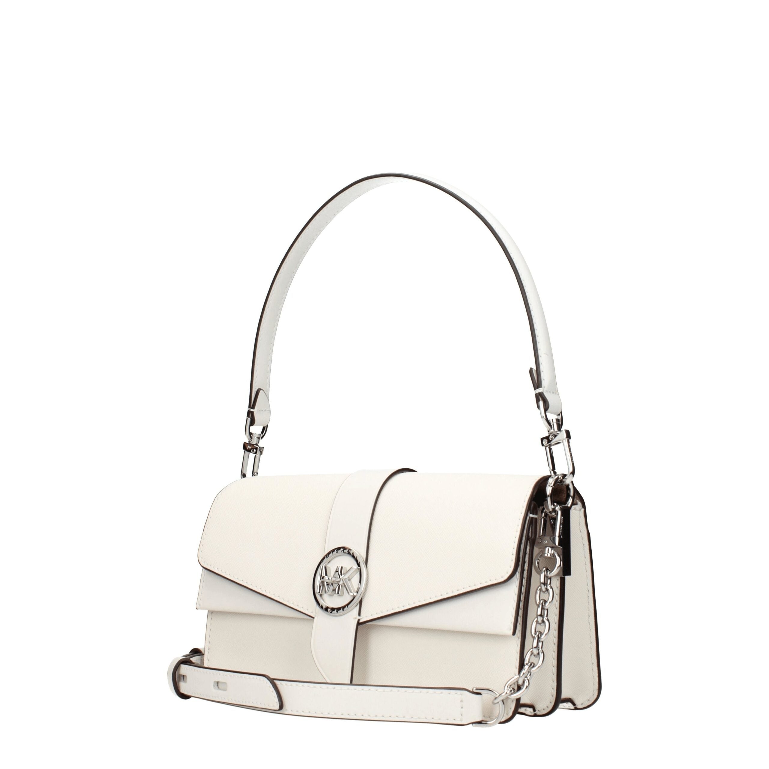 Elevate your elegance with the Michael Kors White Leather Handbag, a luxurious statement piece crafted from premium leather, embodying timeless sophistication and allure.