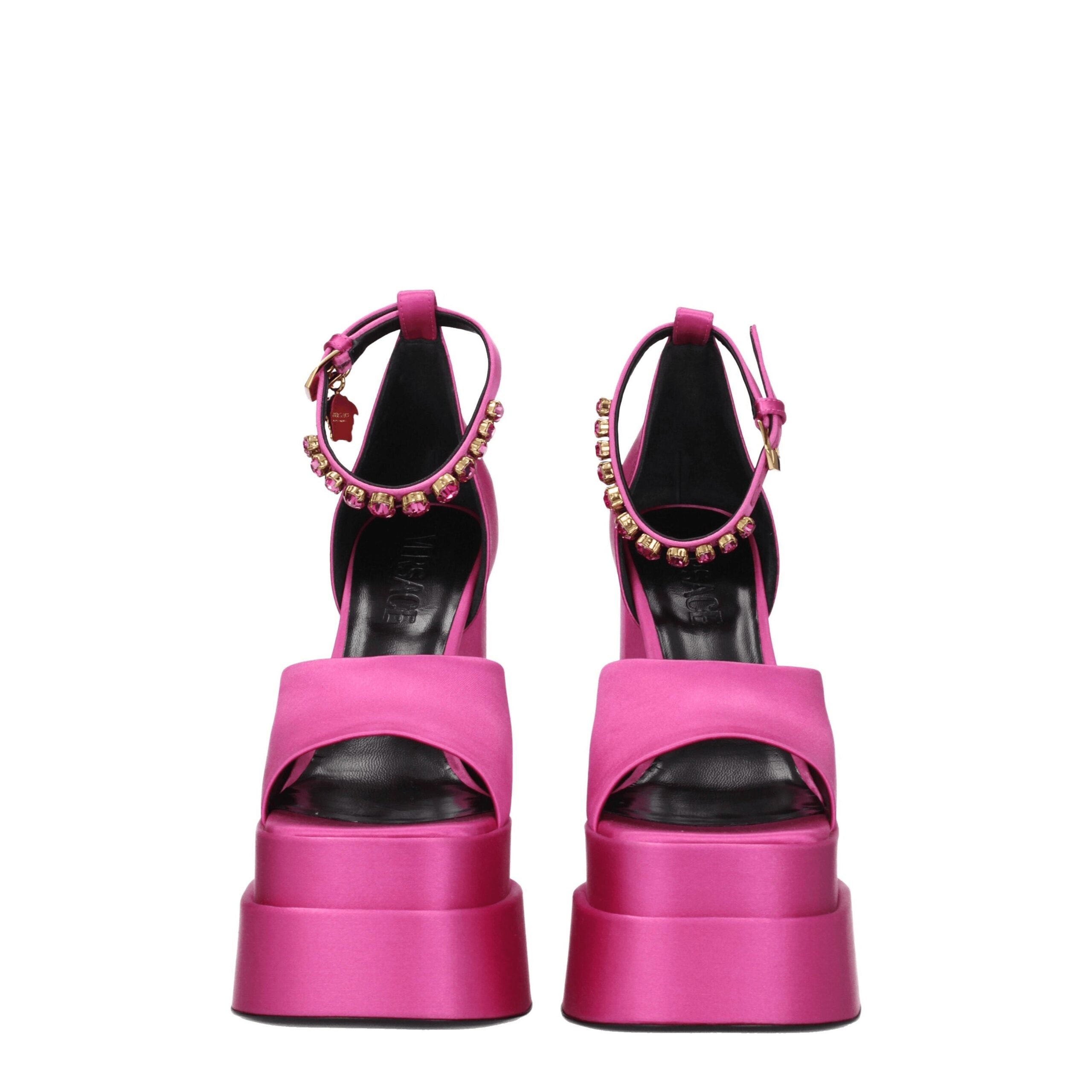 Elevate your elegance with Versace Pink Satin Platform Sandals, where sumptuous satin meets exquisite craftsmanship, perfect for the modern connoisseur.