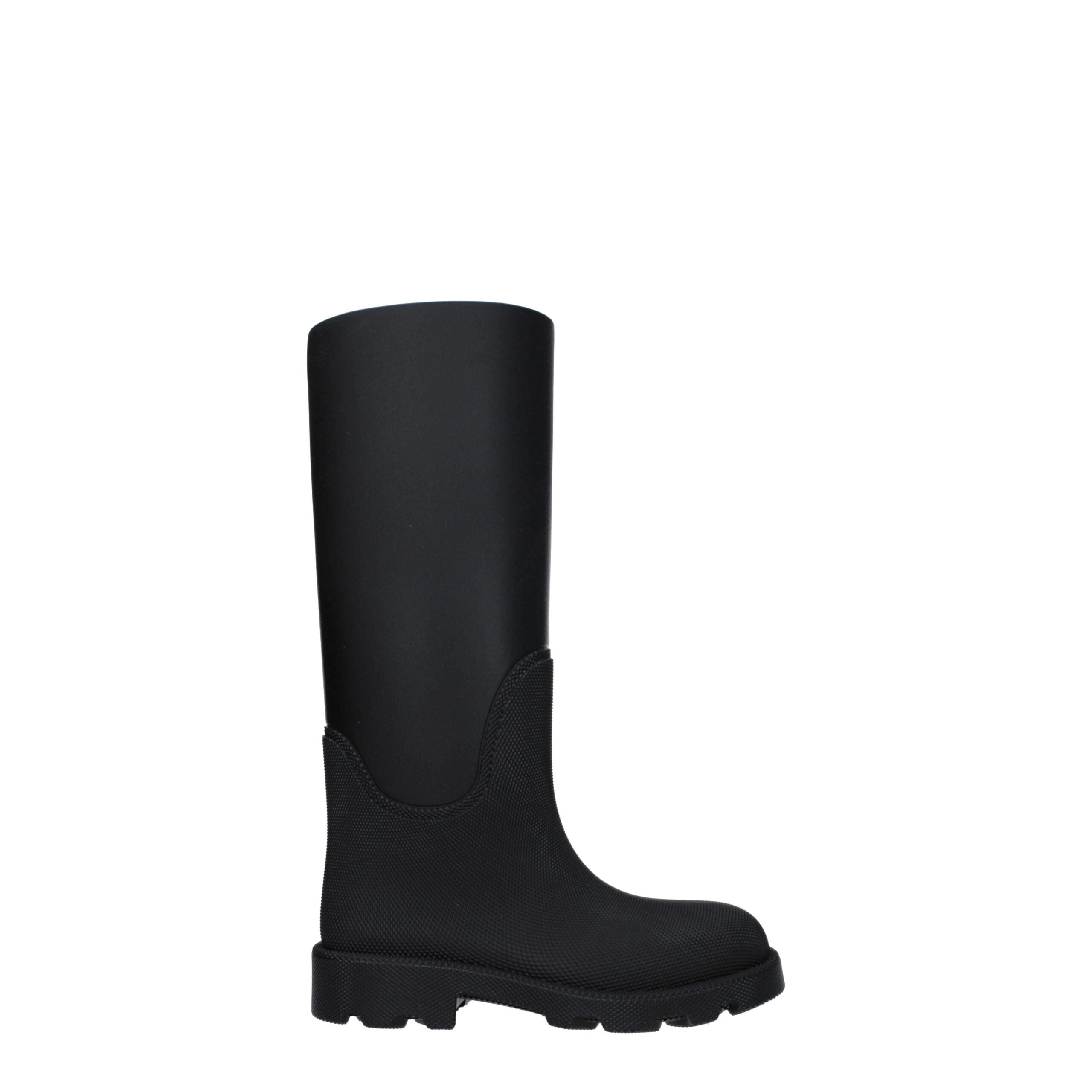 Step into a realm of luxury with Burberry Black Cotton Rain Boots, crafted from premium rubber for enduring elegance, perfect for both urban adventures and upscale gatherings.
