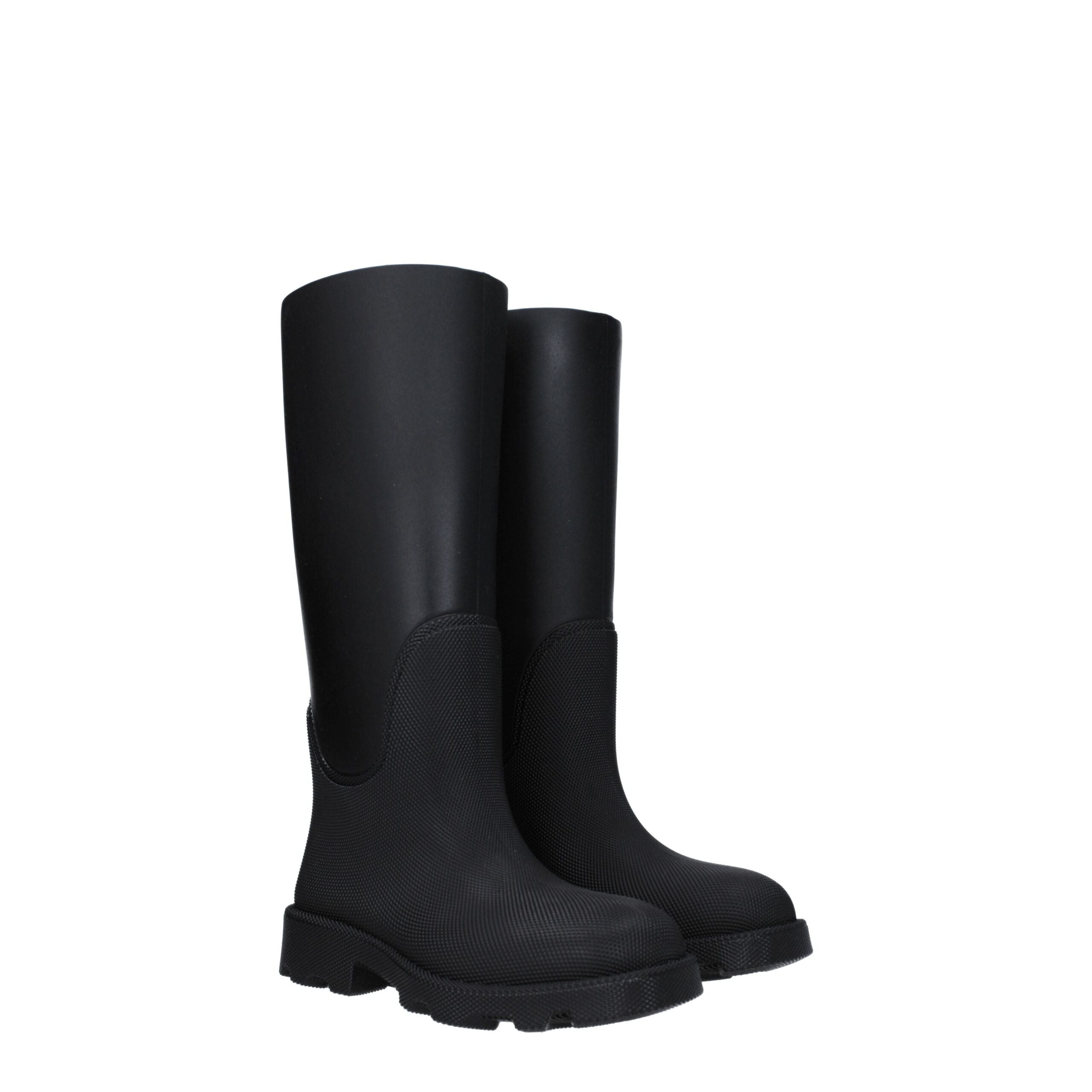 Step into the allure of Burberry Black Cotton Rain Boots, crafted from premium rubber for timeless elegance and sophistication, perfect for any occasion.