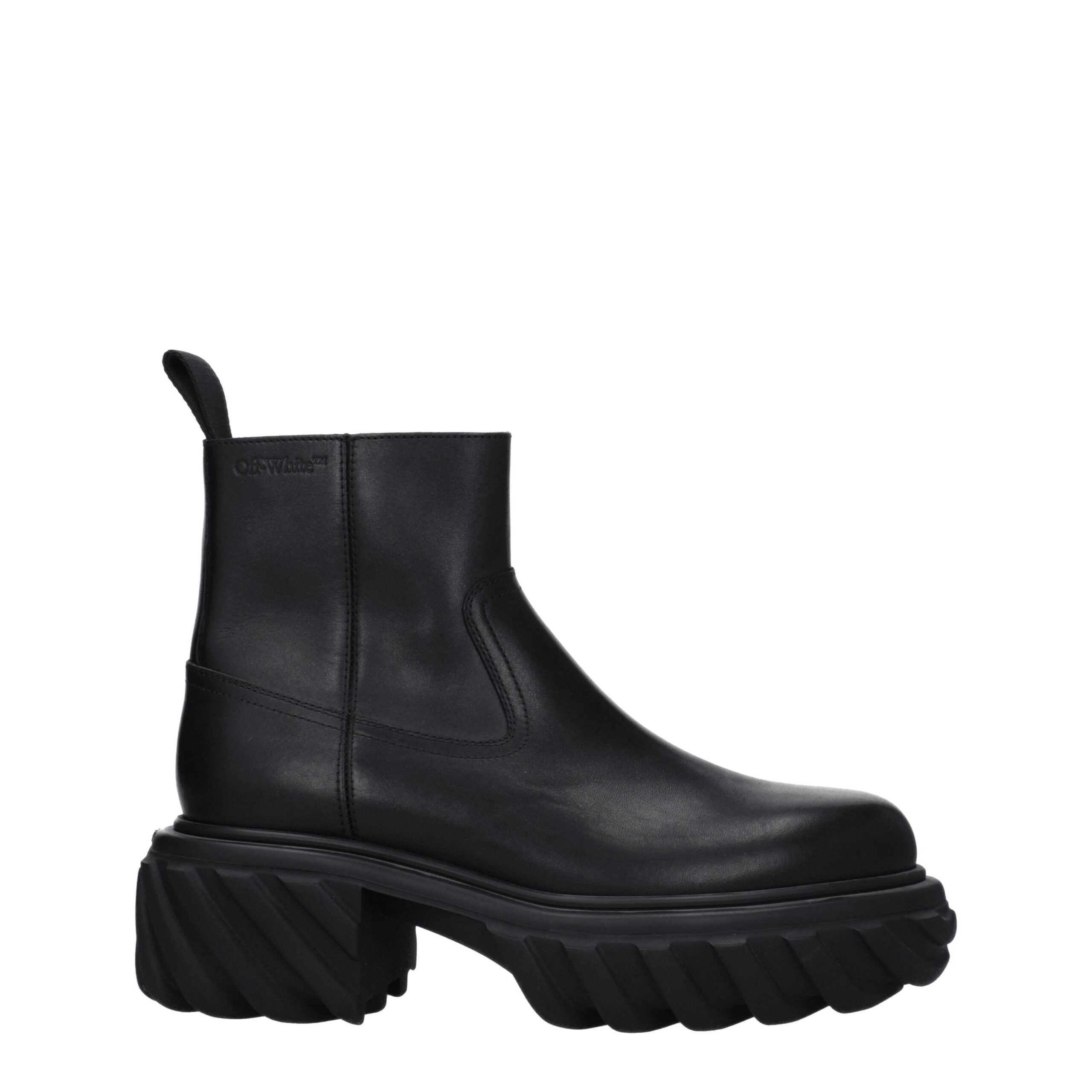 Discover the Off-White Black Leather Ankle Boots, a masterpiece of premium craftsmanship, blending elegance and versatility for the discerning connoisseur.