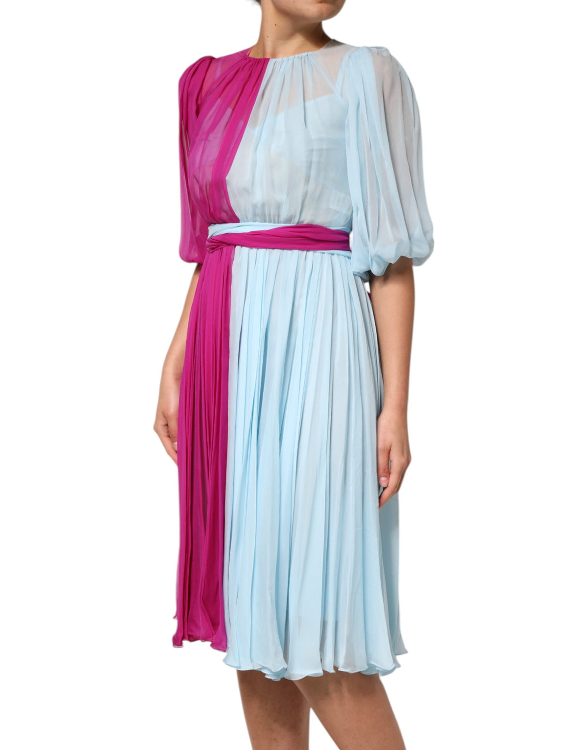 Elevate your elegance with the Dolce & Gabbana Fuchsia Light Blue Silk Midi Dress, a masterpiece of Italian craftsmanship that embodies luxury and sophistication.