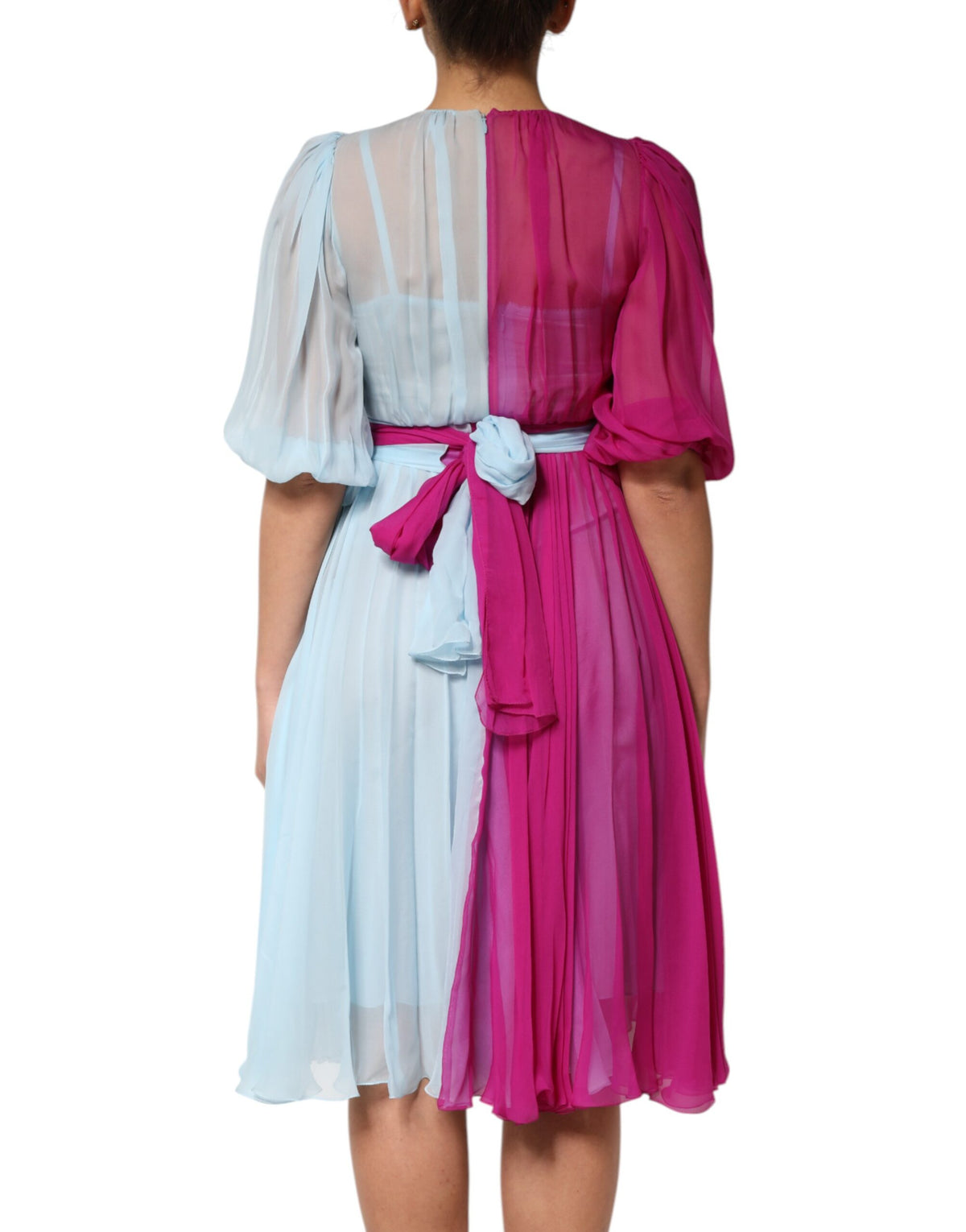 Indulge in the exquisite Dolce & Gabbana Fuchsia Light Blue Silk Midi Dress, a masterpiece of craftsmanship that elevates elegance and allure for the discerning individual.