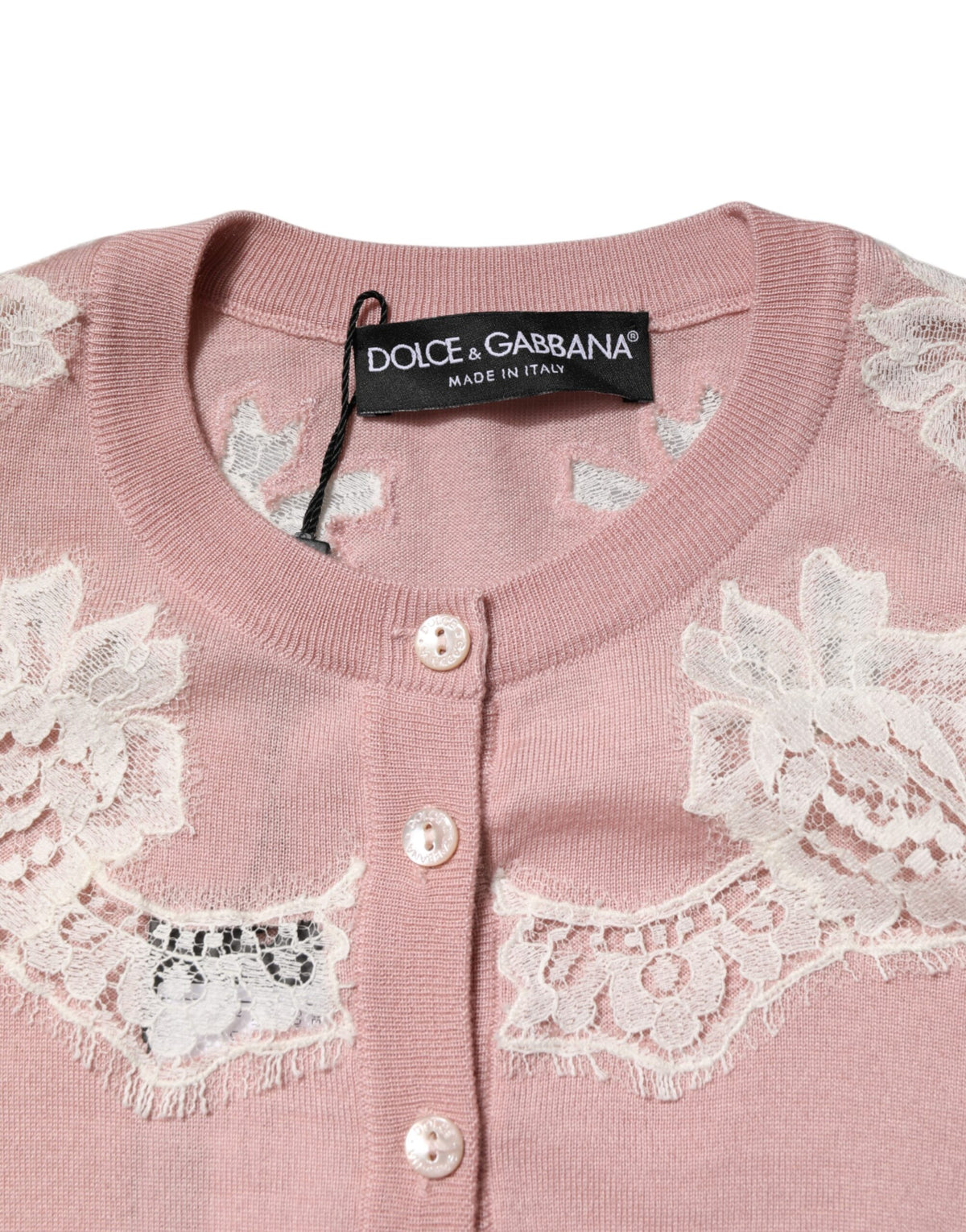 Indulge in the luxurious allure of Dolce & Gabbana's Pink Floral Lace Detailing Cardigan Sweater, crafted from a sumptuous cashmere-silk blend for timeless elegance.
