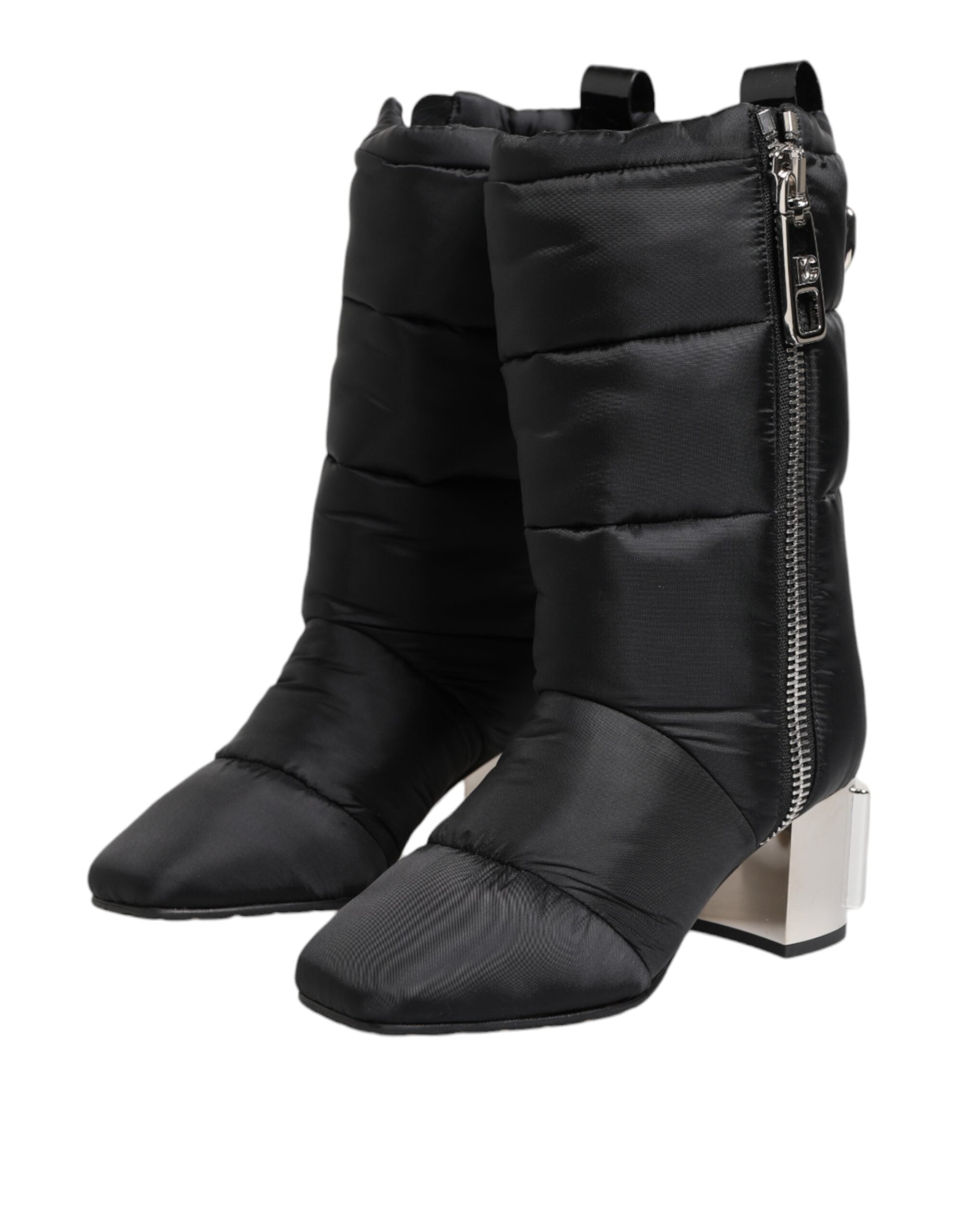 Dolce & Gabbana Black Padded Mid Calf Logo Heel Boots - Luxury Footwear