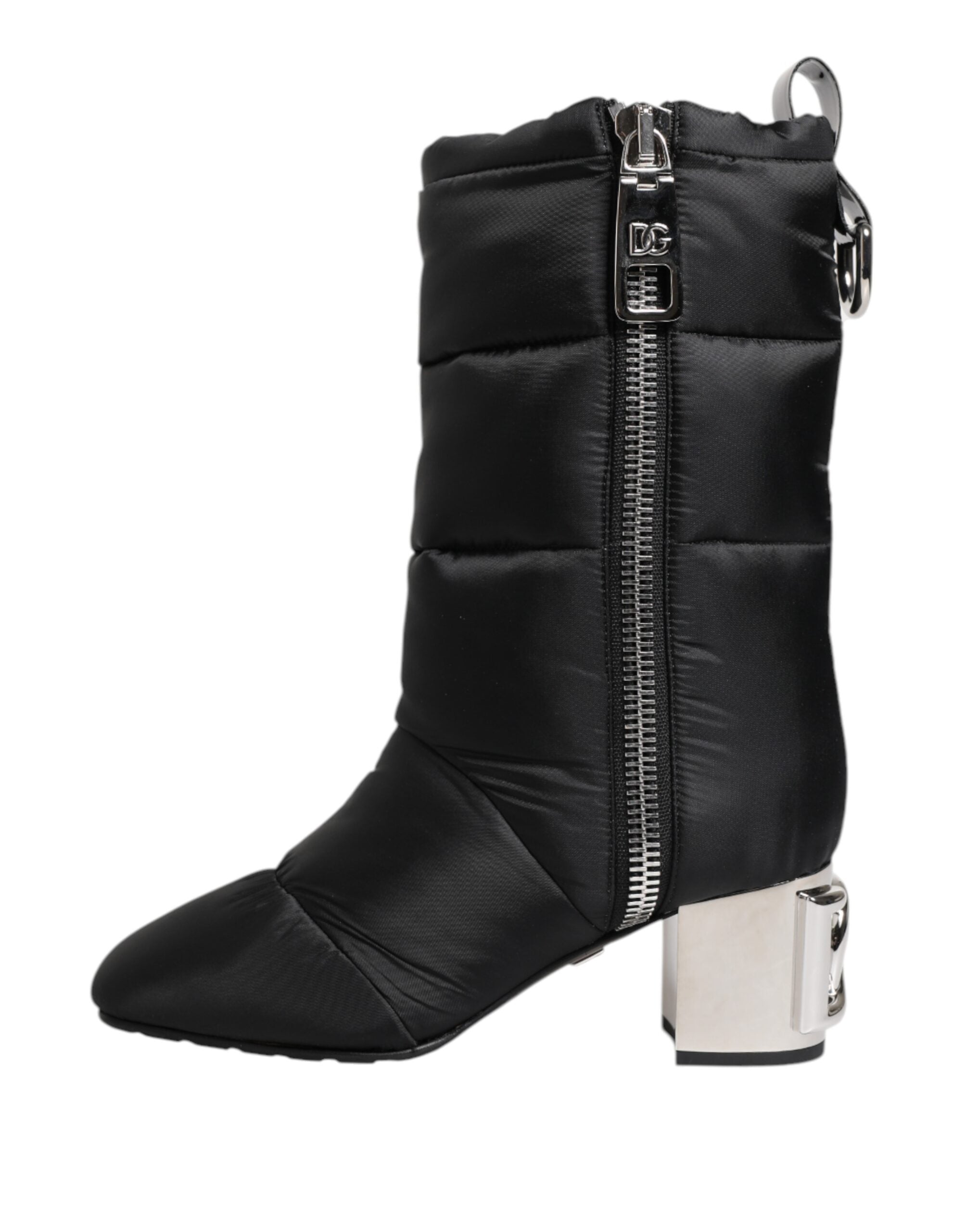 Elevate your wardrobe with Dolce & Gabbana's Black Padded Mid Calf Logo Heel Boots, where exquisite craftsmanship meets luxurious design for the discerning individual.