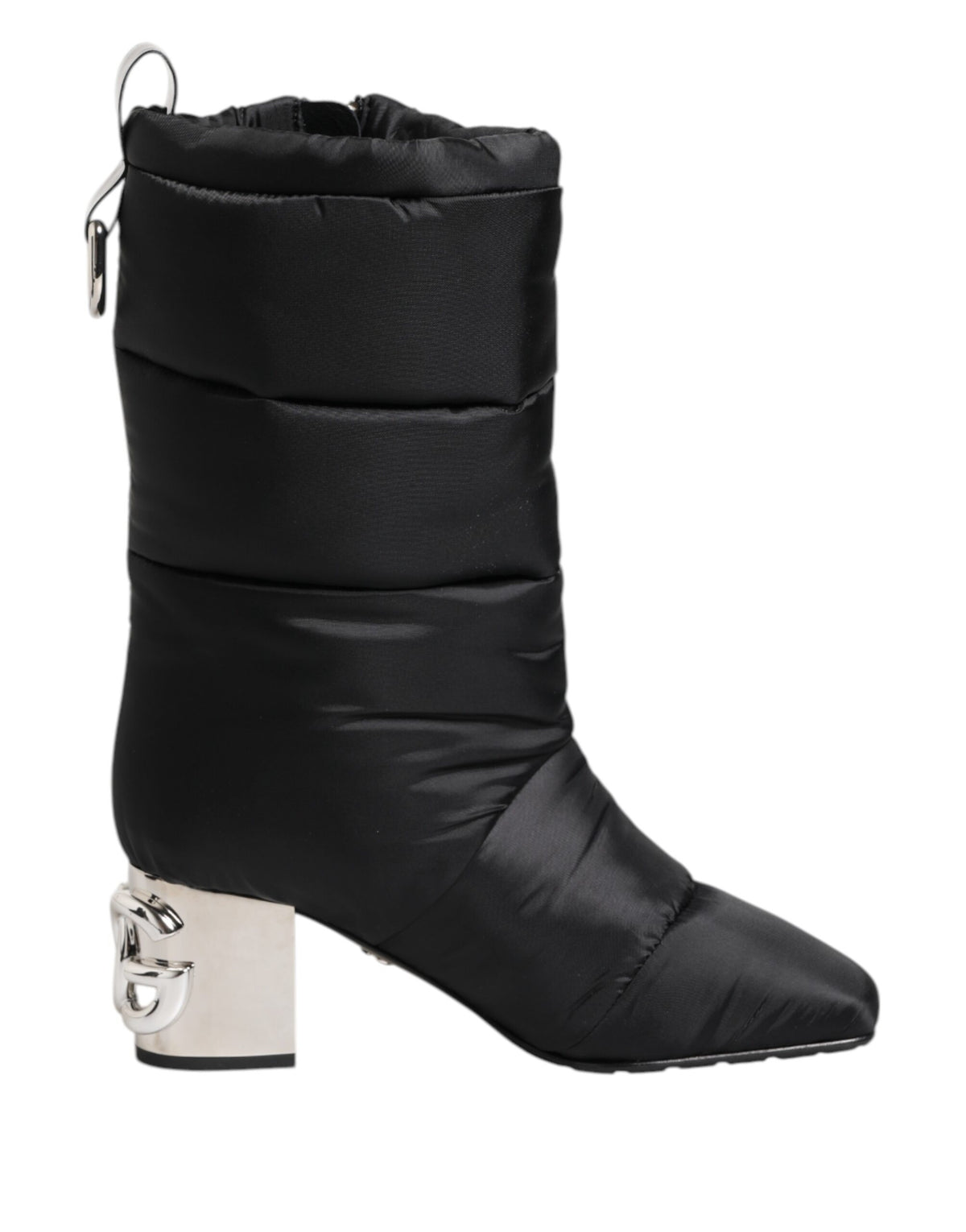 Elevate your style with Dolce & Gabbana's Black Padded Mid Calf Logo Heel Boots, where exquisite craftsmanship meets luxurious allure, perfect for the discerning individual.