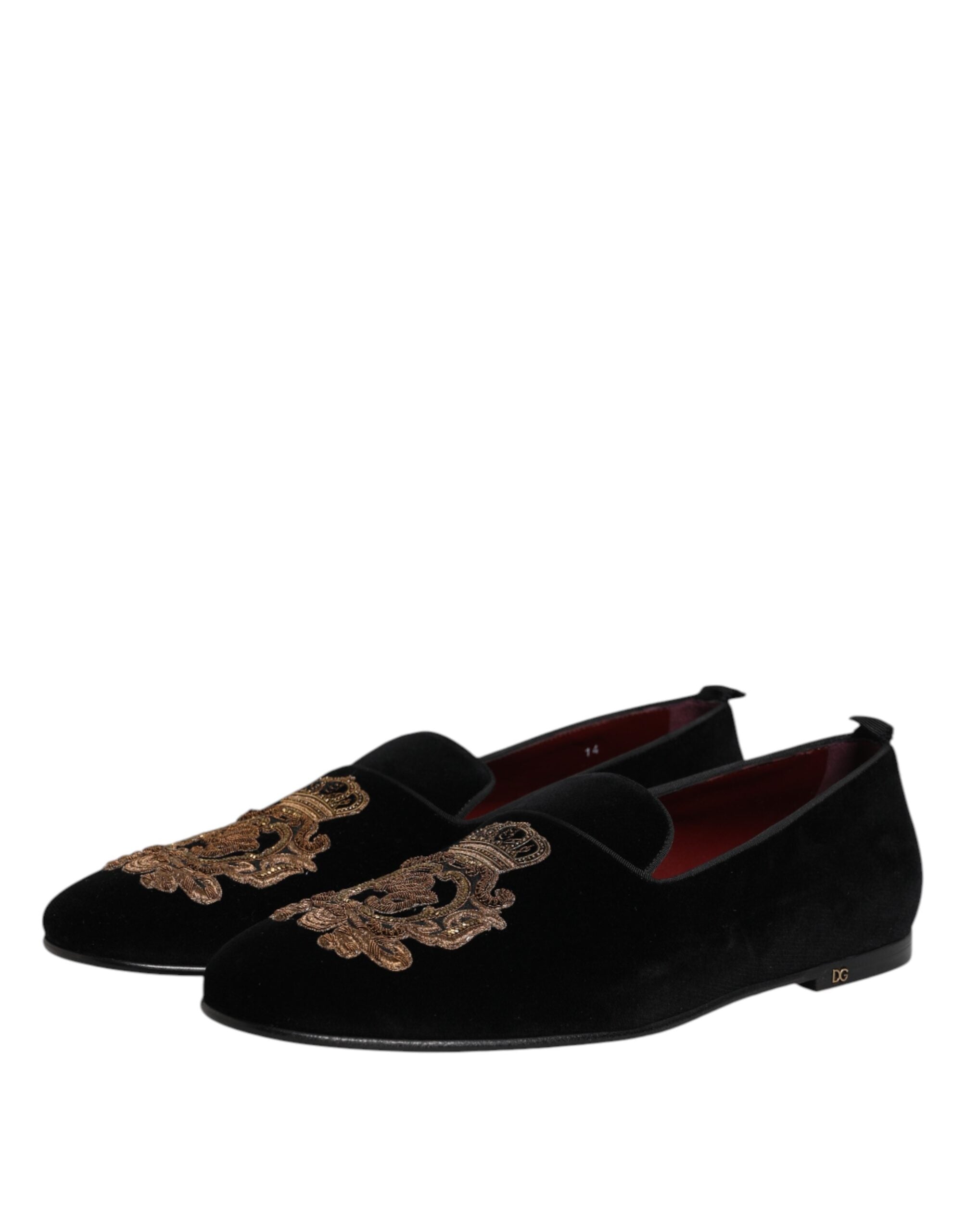 Indulge in the exquisite elegance of Dolce & Gabbana Black Velvet Gold Crown Mens Loafers, where luxurious craftsmanship meets timeless sophistication for the discerning connoisseur.