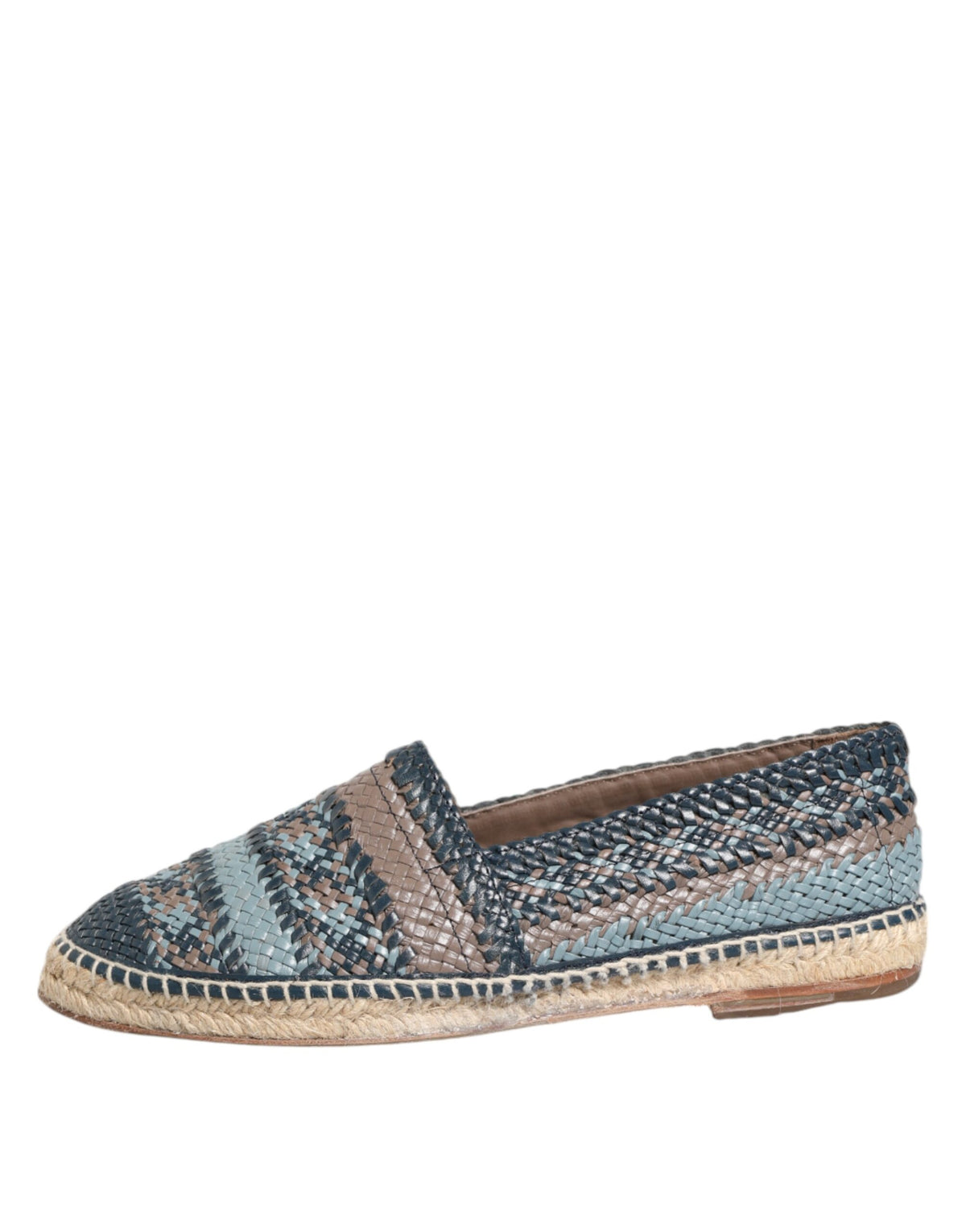 Indulge in the exquisite Dolce & Gabbana Blue Gray Woven Leather Buffalo Espadrille Shoes, crafted from luxurious buffalo leather for timeless elegance and sophistication.