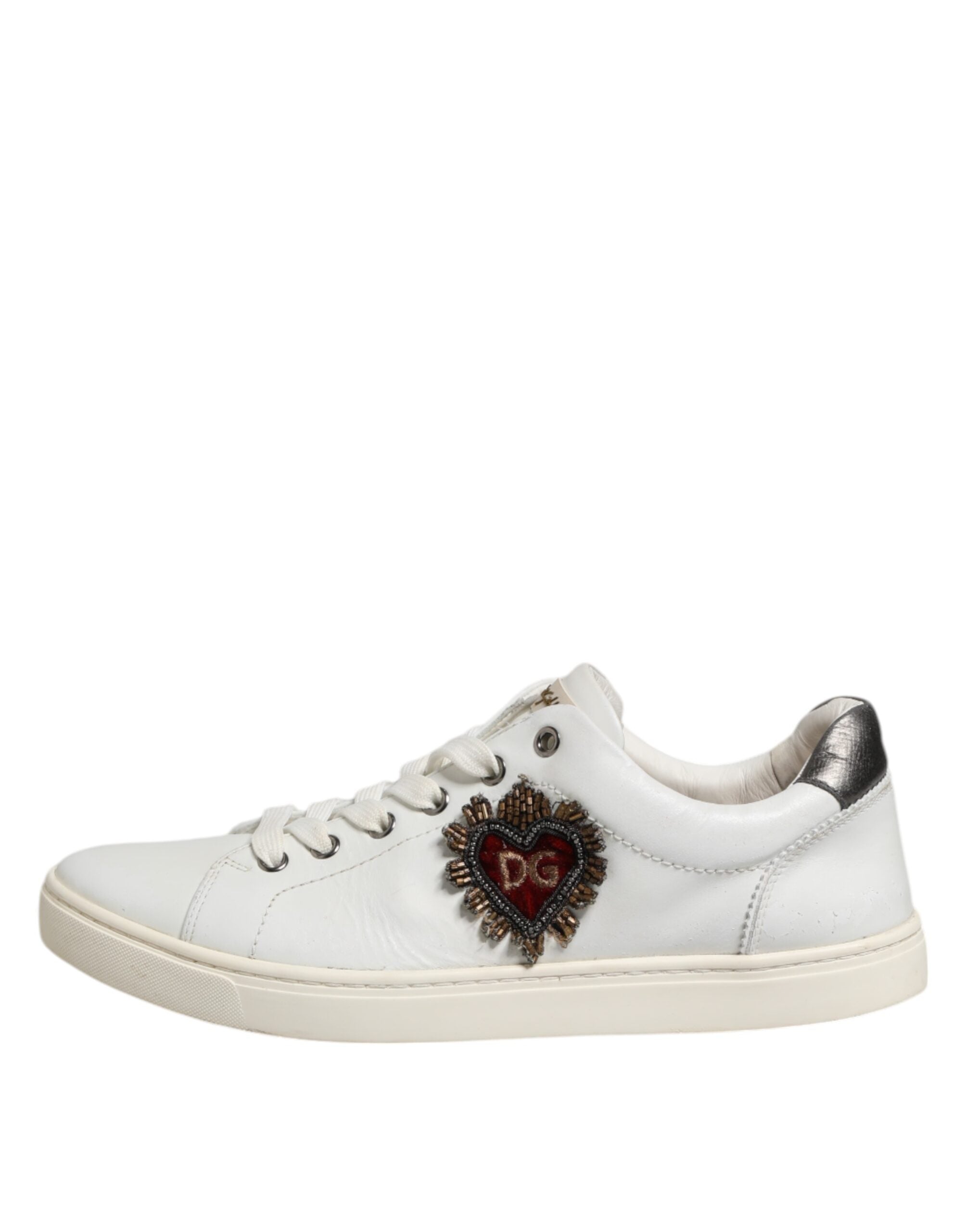 Dolce & Gabbana White Silver Sacred Heart Men Sneakers Shoes