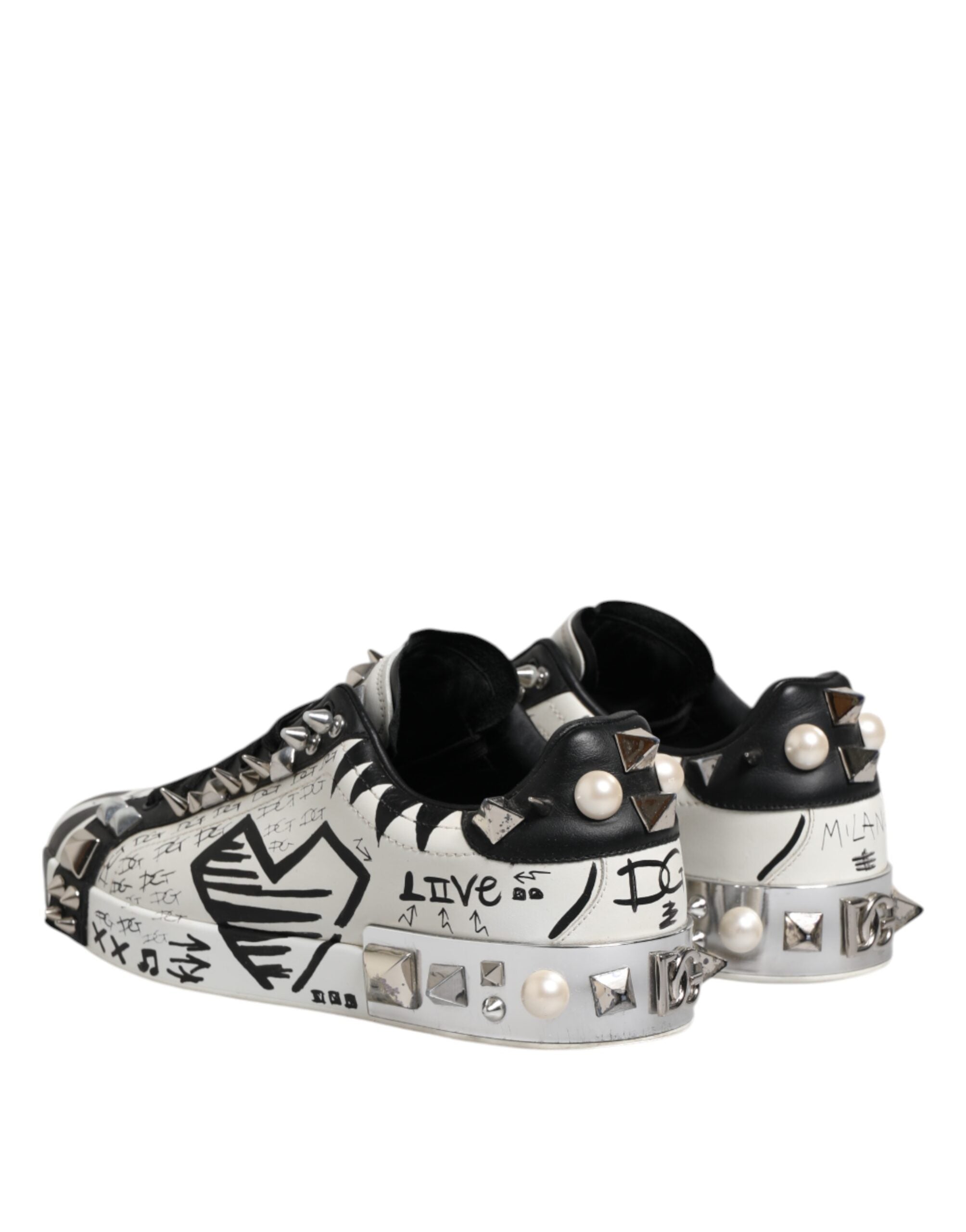 Dolce & Gabbana Black White Studded Low Top Sneakers Shoes