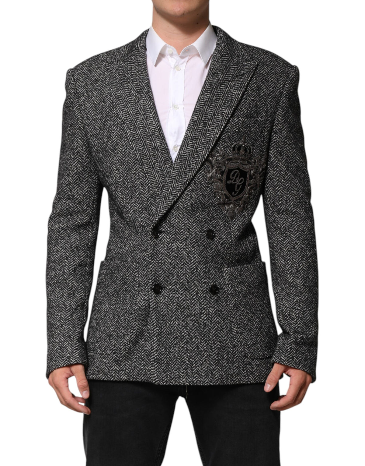 Experience the exquisite Dolce & Gabbana Black White Double Breasted Men Suit Blazer, a luxurious blend of wool and cotton that embodies timeless elegance and sophistication.