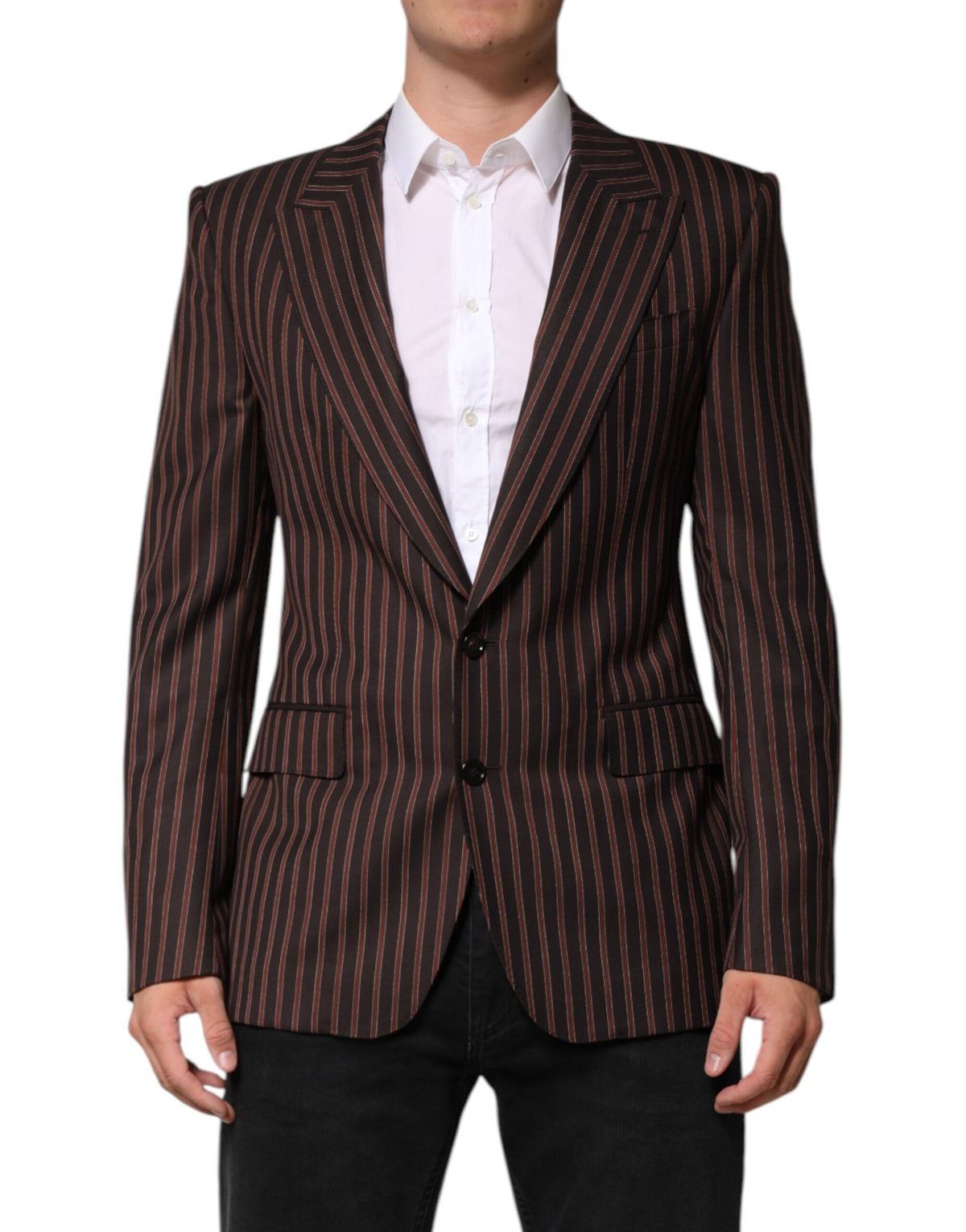 Elevate your wardrobe with the Dolce & Gabbana Black Brown Stripe Single Breasted Blazer, crafted from luxurious virgin wool and silk lining, embodying timeless elegance and exceptional craftsmanship.