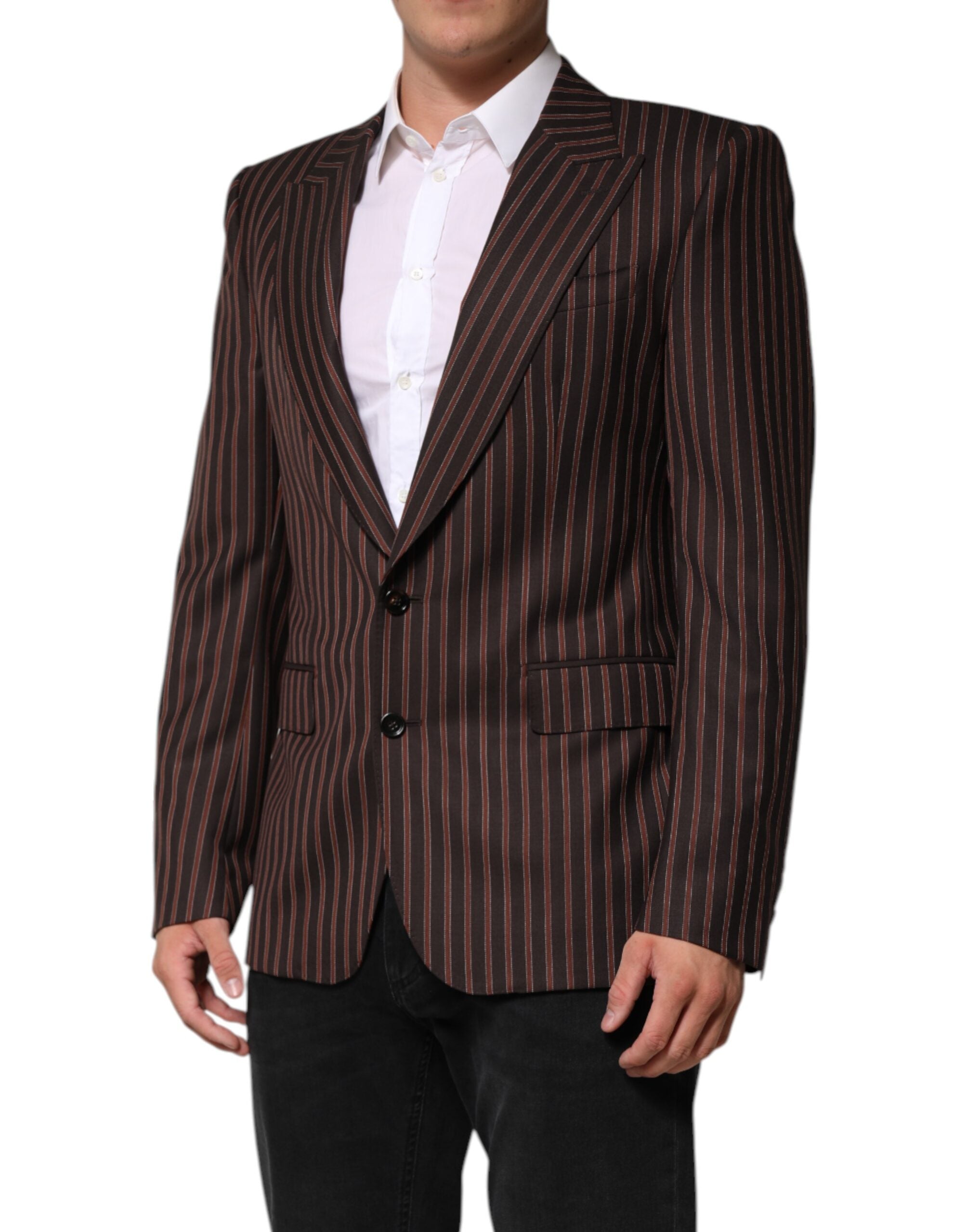 Elevate your wardrobe with the Dolce & Gabbana Black Brown Stripe Blazer, a masterpiece of virgin wool and silk, embodying timeless elegance and exquisite craftsmanship.