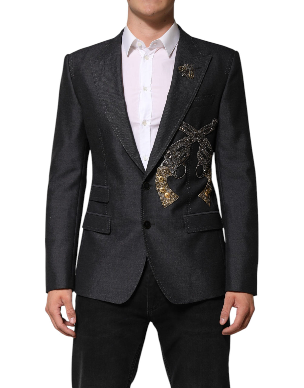 Discover the Dolce & Gabbana Dark Gray Bee Embroidery Wool Coat Blazer, a masterpiece of luxurious craftsmanship and exquisite materials, perfect for elevating your style.