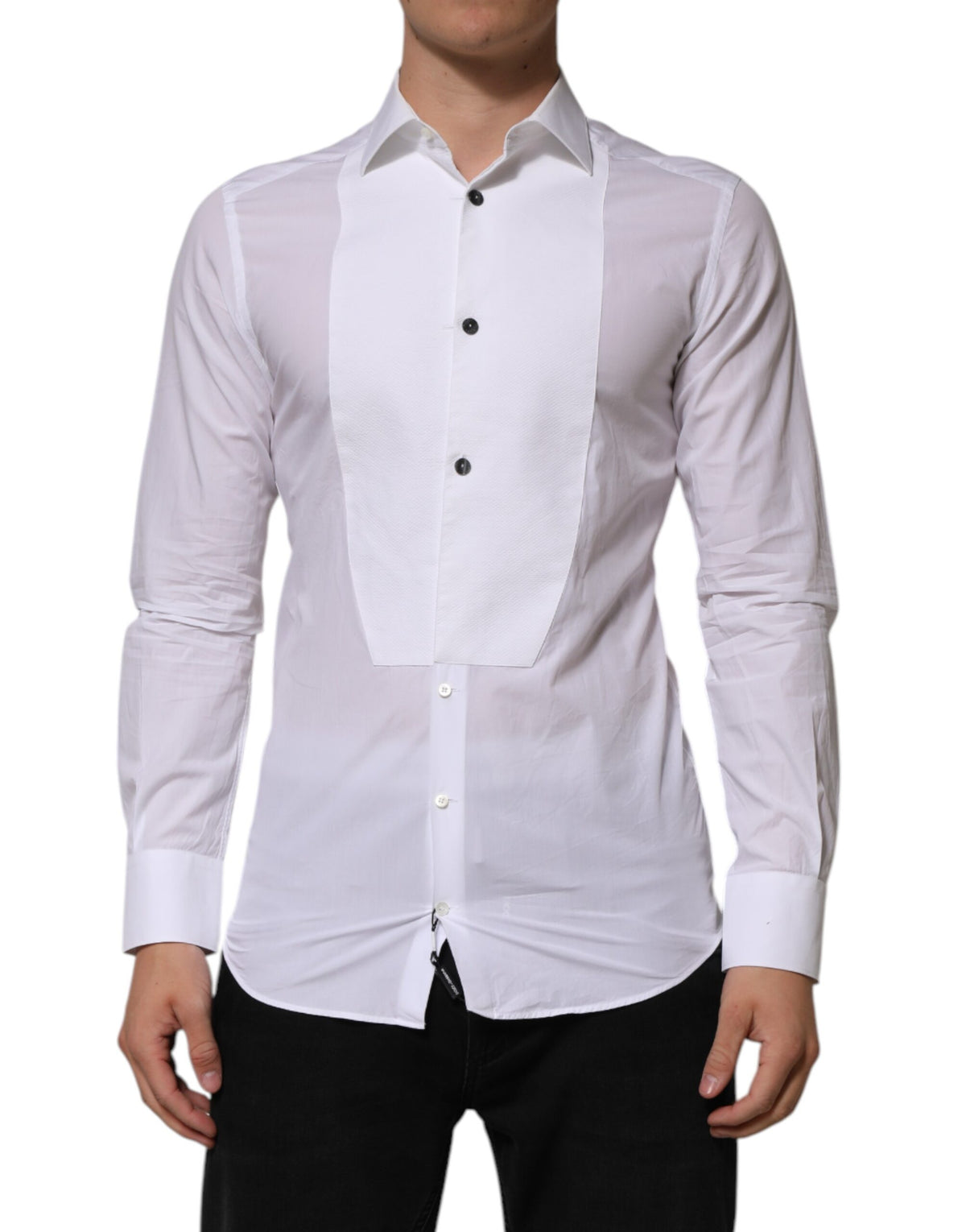 Experience the allure of Dolce & Gabbana's White Bib Cotton Poplin GOLD shirt, a testament to Italian craftsmanship that elevates your wardrobe with timeless elegance.