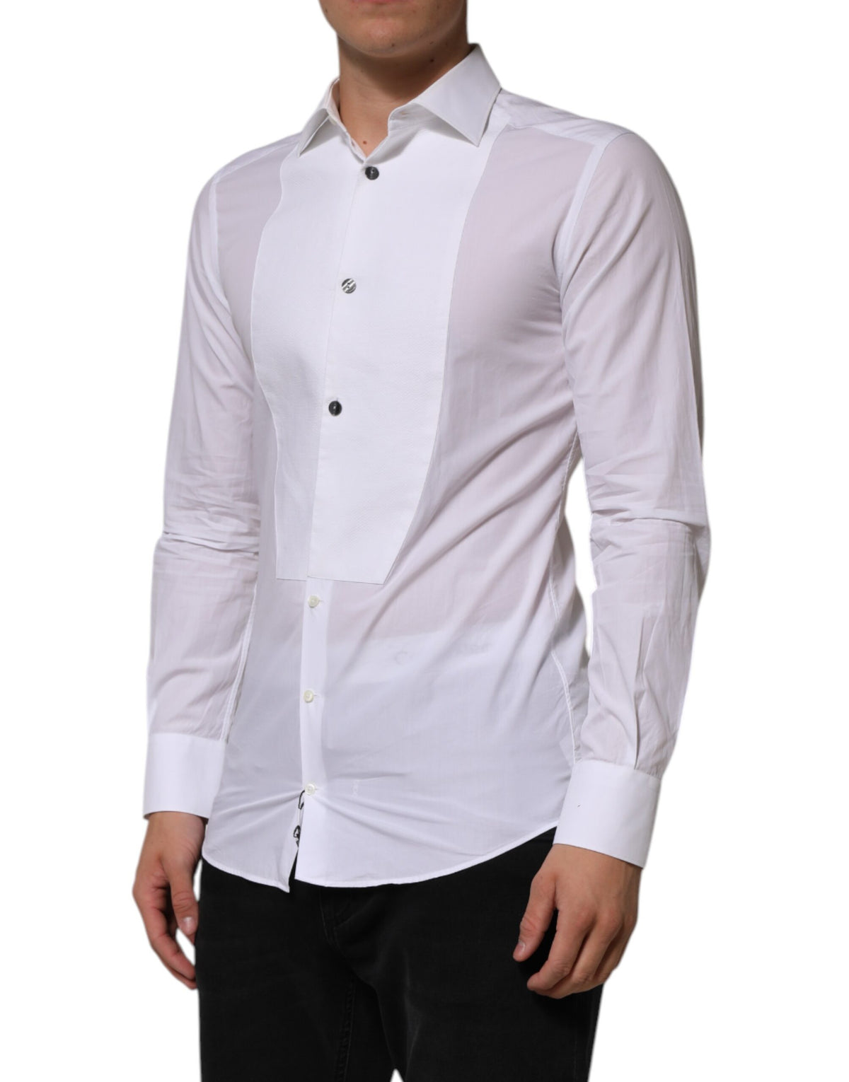 Experience the allure of Dolce & Gabbana's White Bib Cotton Poplin GOLD shirt, where Italian craftsmanship meets timeless elegance, perfect for the discerning individual.