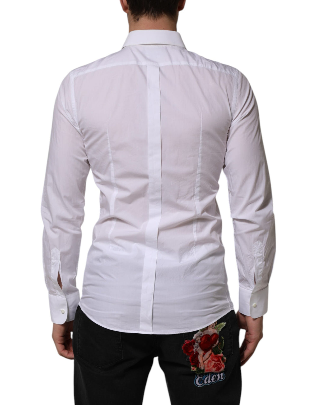 Elevate your wardrobe with the Dolce & Gabbana White Bib Cotton Poplin GOLD shirt, a masterpiece of Italian craftsmanship that embodies timeless luxury and sophistication.