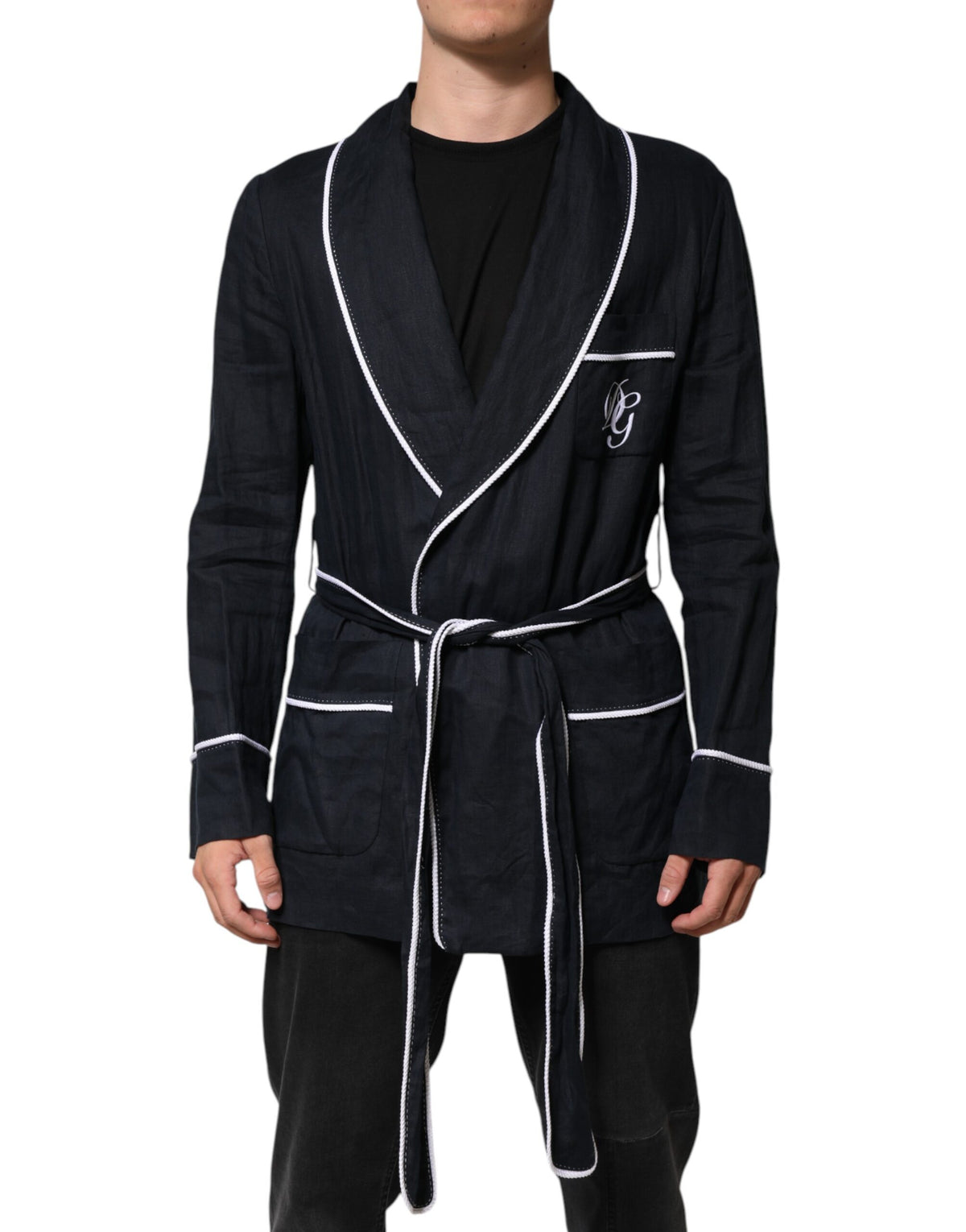 Experience the allure of the Dolce & Gabbana Dark Blue DG Embroidery Jacket Robe Blazer, crafted from 100% linen, embodying timeless elegance and sophisticated luxury.