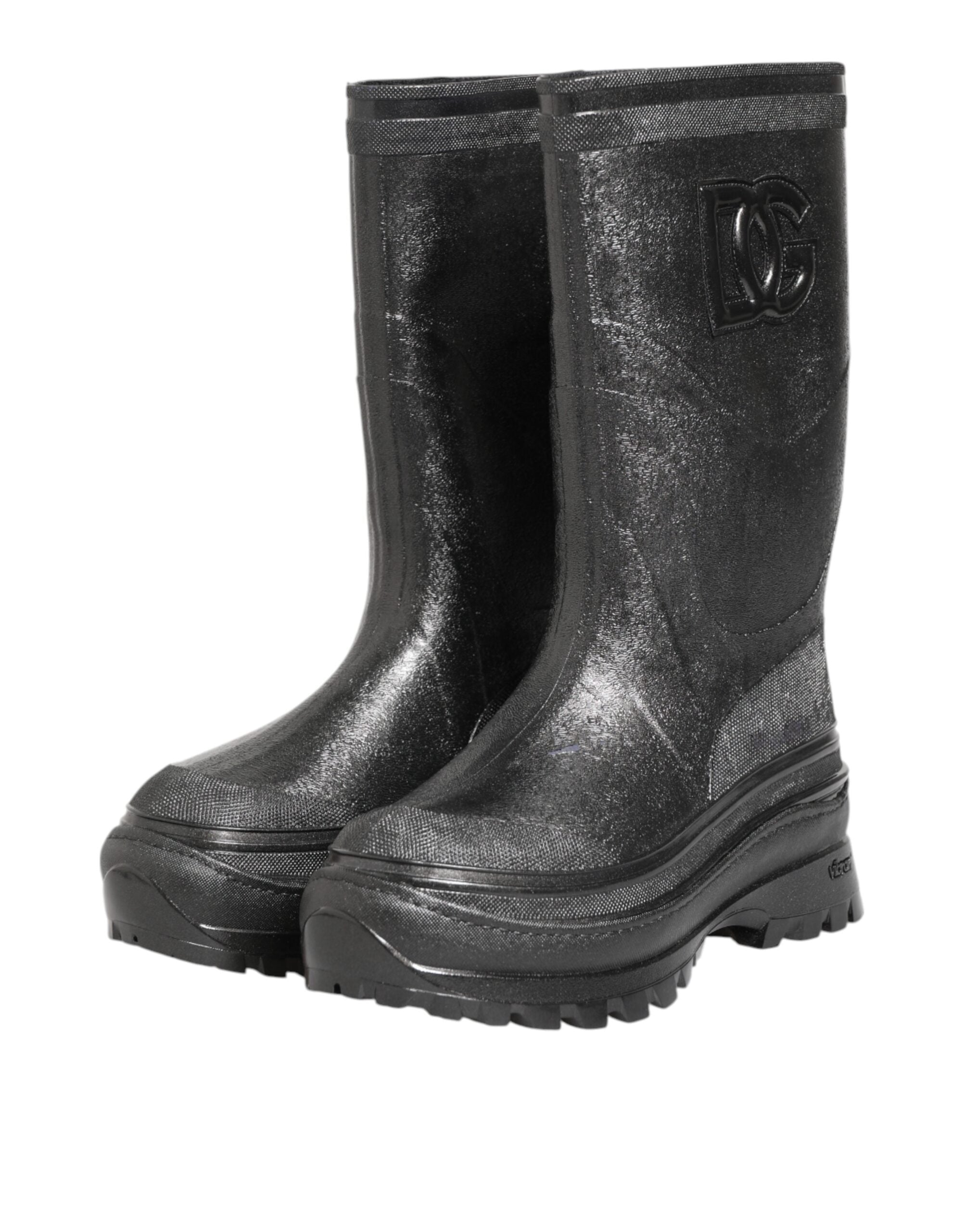 Indulge in the exquisite Dolce & Gabbana Metallic Gray Pull On Rain Boots, where luxurious rubber meets impeccable Italian craftsmanship, elevating your style with every step.
