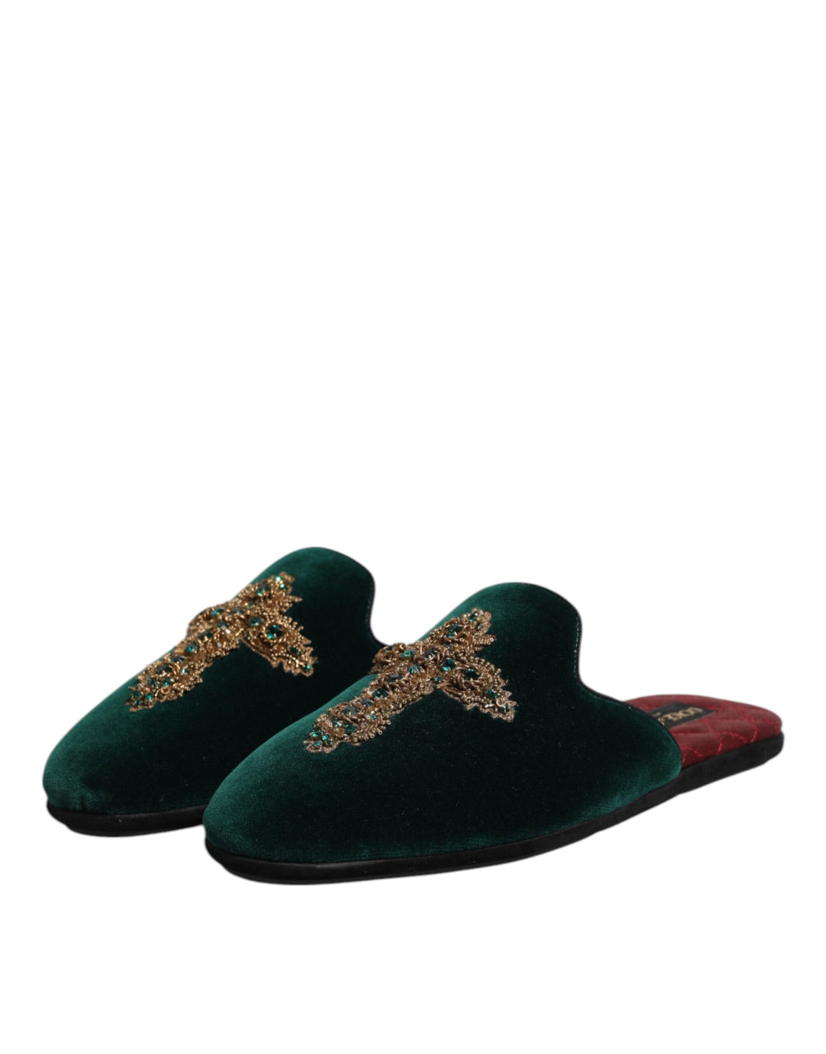 Elevate your style with Dolce & Gabbana Green Velvet Cross Embellished Slippers, where luxurious craftsmanship meets exquisite design for the discerning individual.