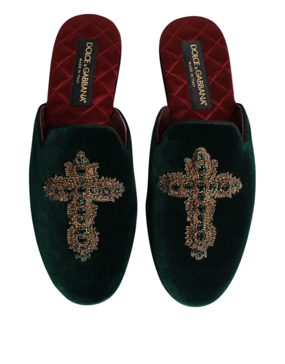 Experience the allure of Dolce & Gabbana's Green Velvet Cross Embellished Slippers, where exquisite craftsmanship meets luxurious materials for a statement of elegance and sophistication.