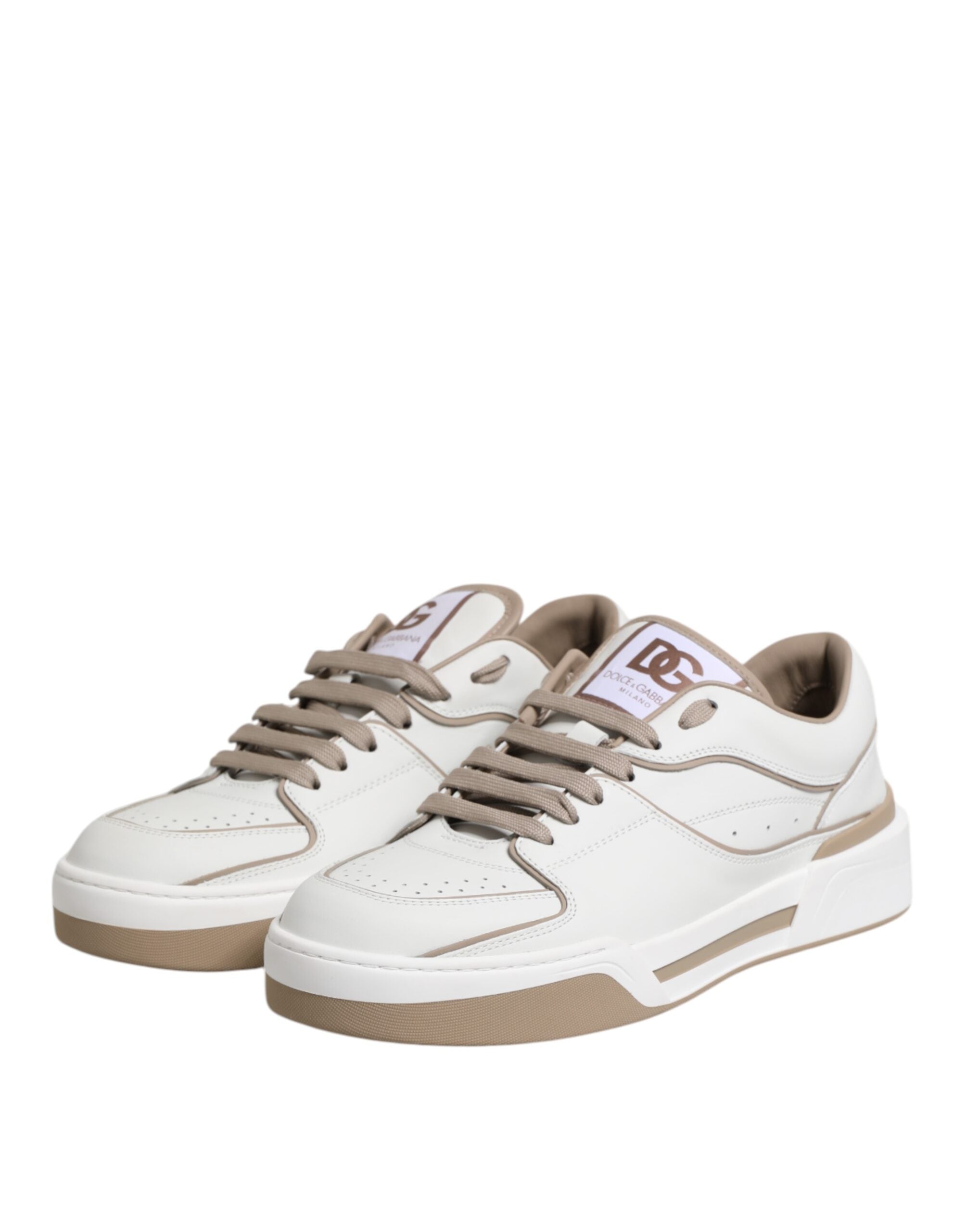 Dolce & Gabbana White Brown Leather Low Top Men Sneakers Shoes