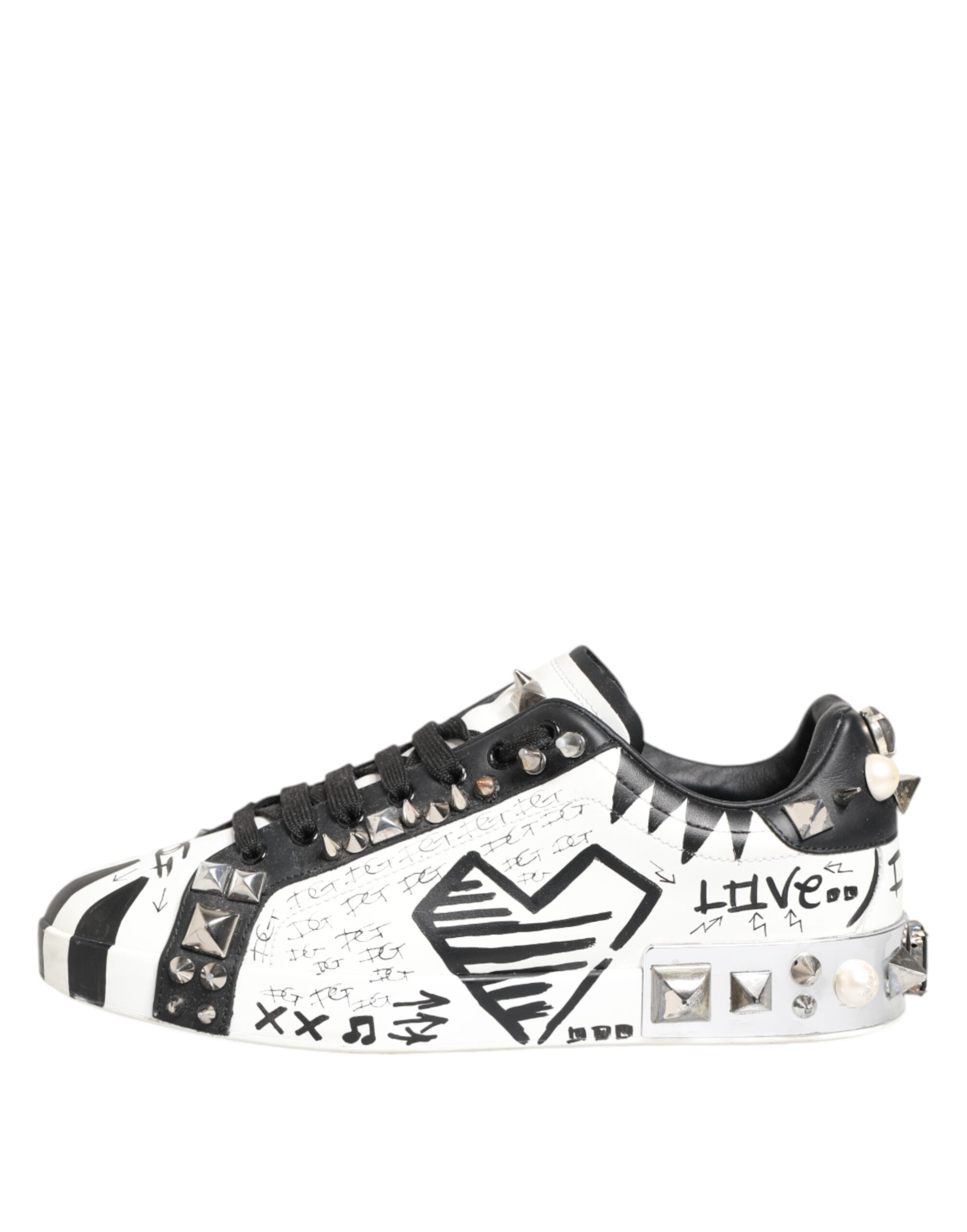 Dolce & Gabbana White Studded Printed Low Top Sneakers Shoes