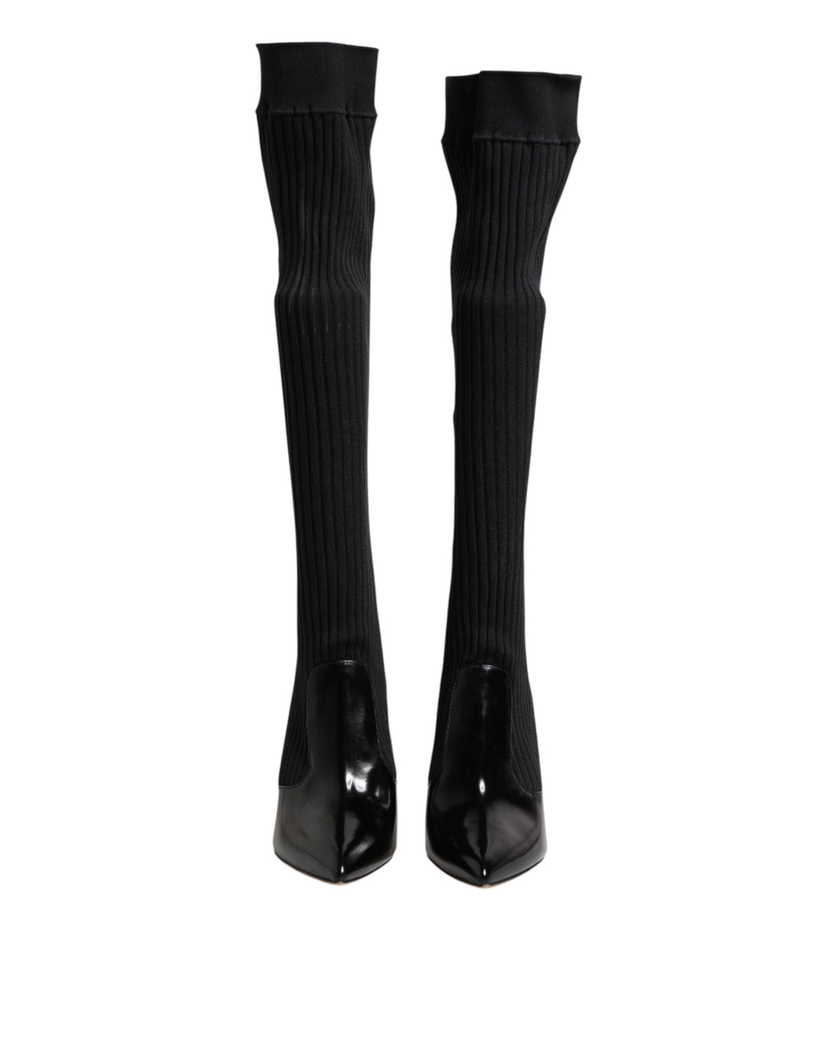 Step into a realm of sophistication with Dolce & Gabbana's Black Leather Ribbed Knit Knee Boots, where exquisite craftsmanship meets timeless elegance, perfect for the discerning individual.