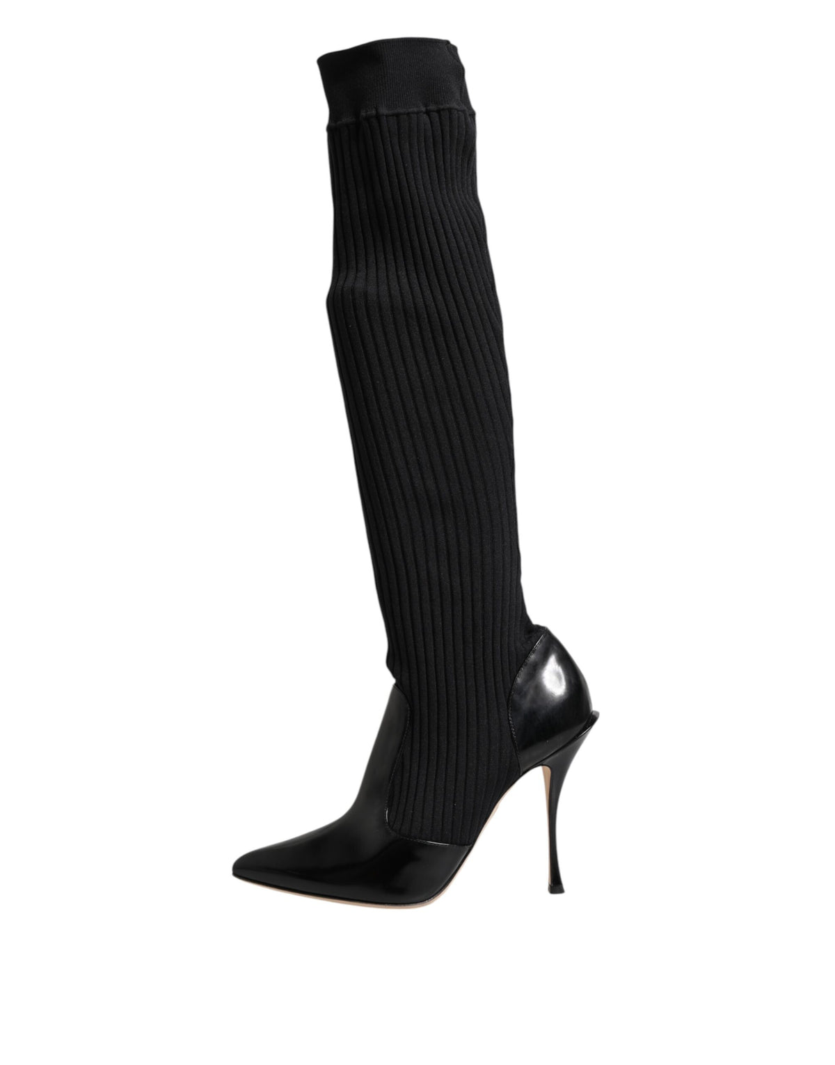 Indulge in the elegance of Dolce & Gabbana's Black Leather Ribbed Knit Knee Boots, where Italian craftsmanship meets timeless luxury for the discerning individual.
