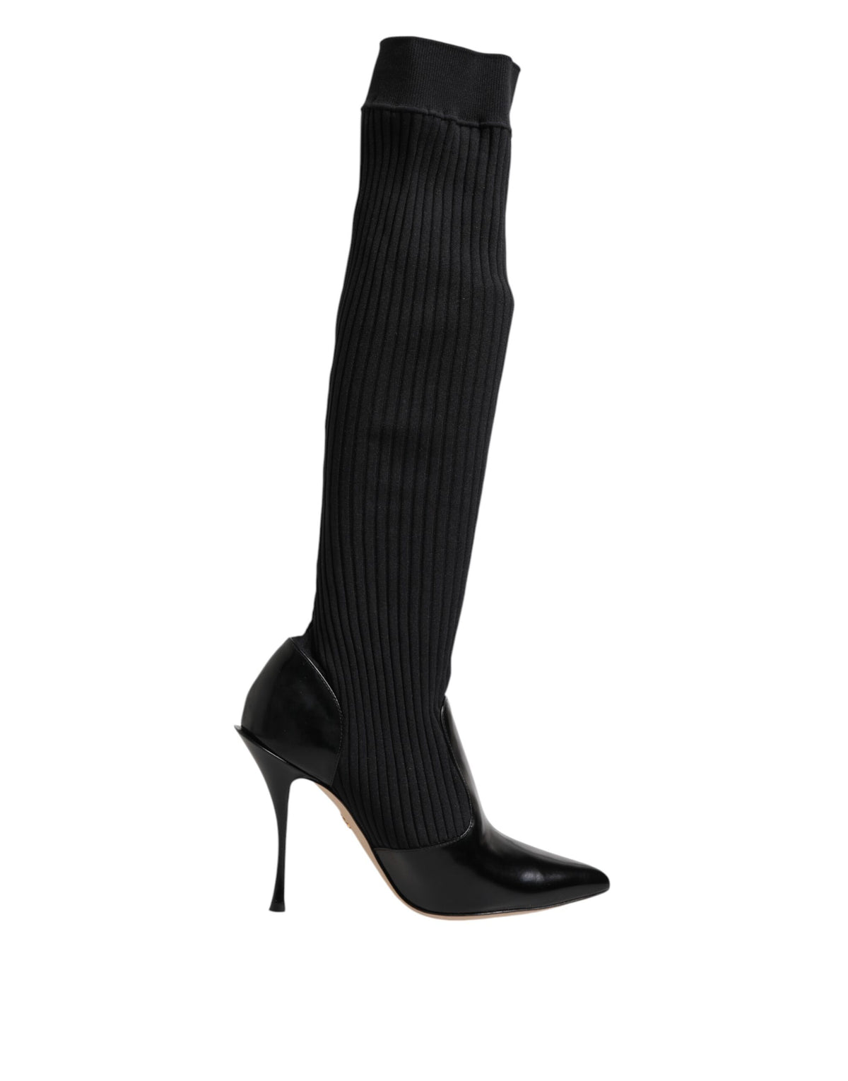 Step into the realm of luxury with Dolce & Gabbana's Black Leather Ribbed Knit Knee Boots, where exquisite Italian craftsmanship meets timeless elegance for the discerning individual.