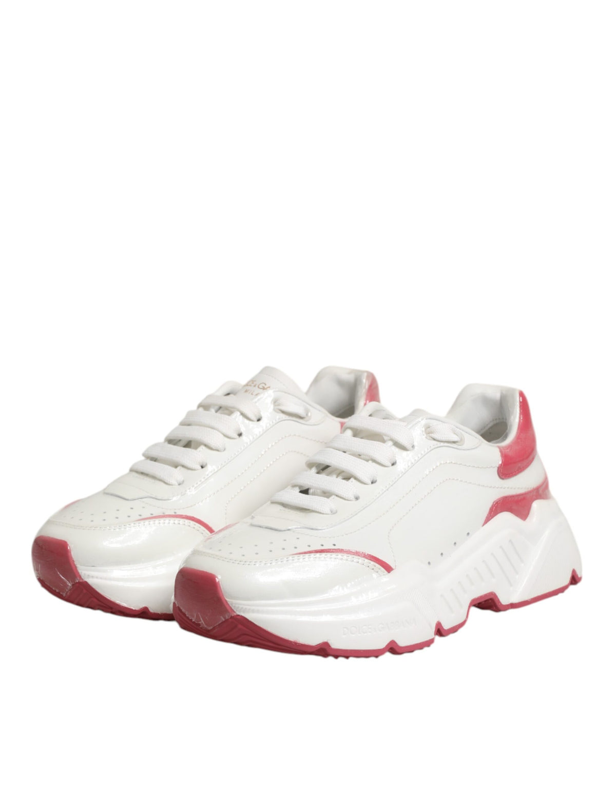 Indulge in the exquisite allure of Dolce & Gabbana White Pink Daymaster Sneakers, crafted from premium calf leather for unparalleled elegance and comfort in every step.