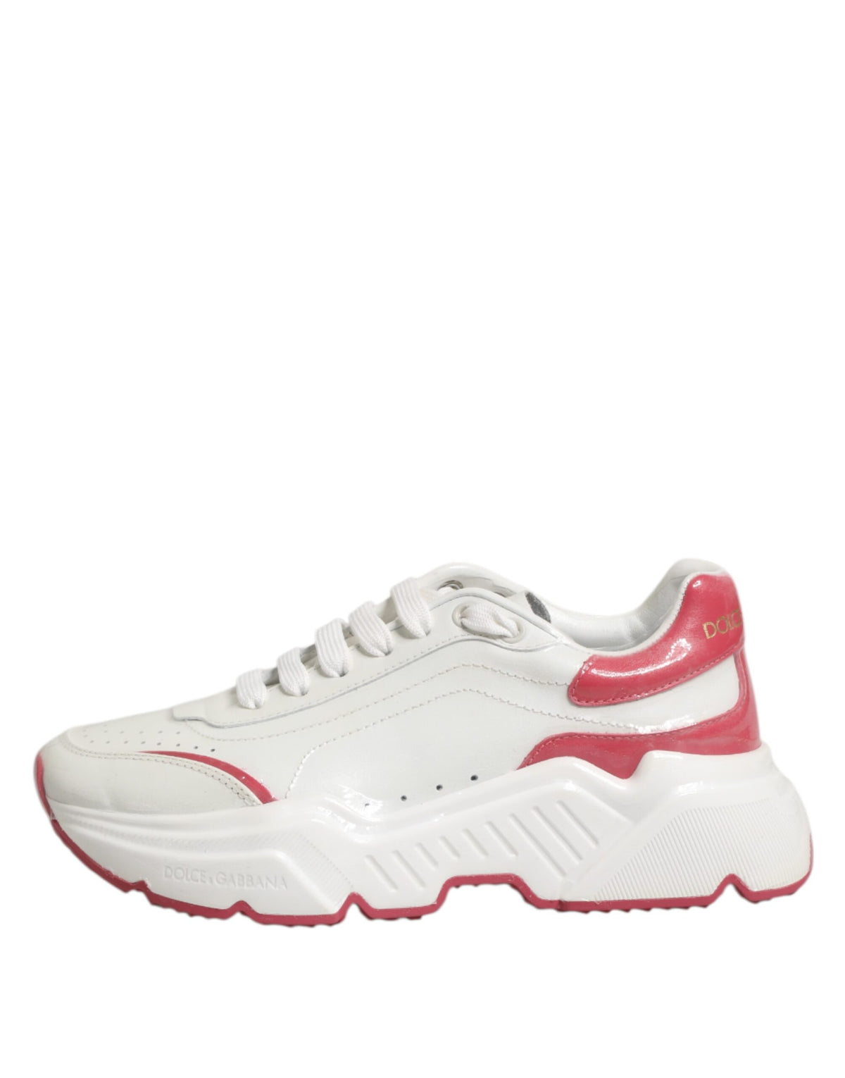 Indulge in the exquisite Dolce & Gabbana White Pink Daymaster Low Top Sneakers, crafted from premium calf leather for unparalleled elegance and comfort, embodying luxury and sophistication.