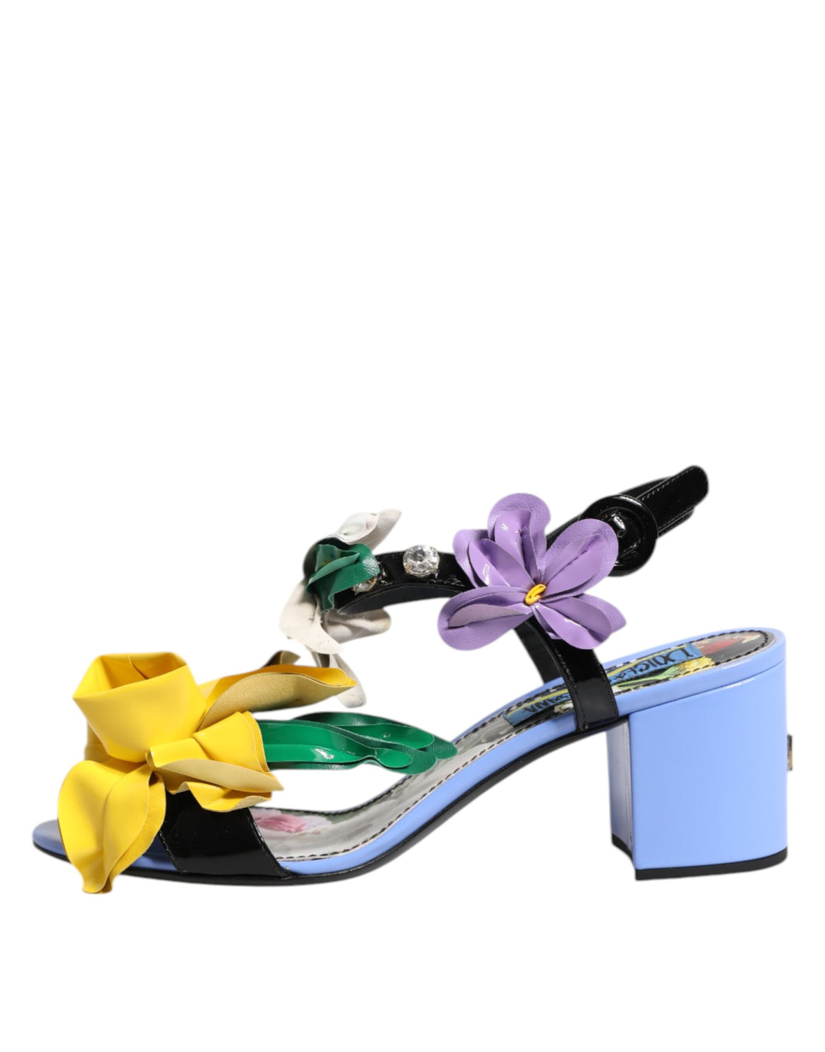 Step into the allure of Dolce & Gabbana's KEIRA Sandals, crafted from sumptuous lambskin leather, adorned with floral crystals, embodying luxury and sophistication.