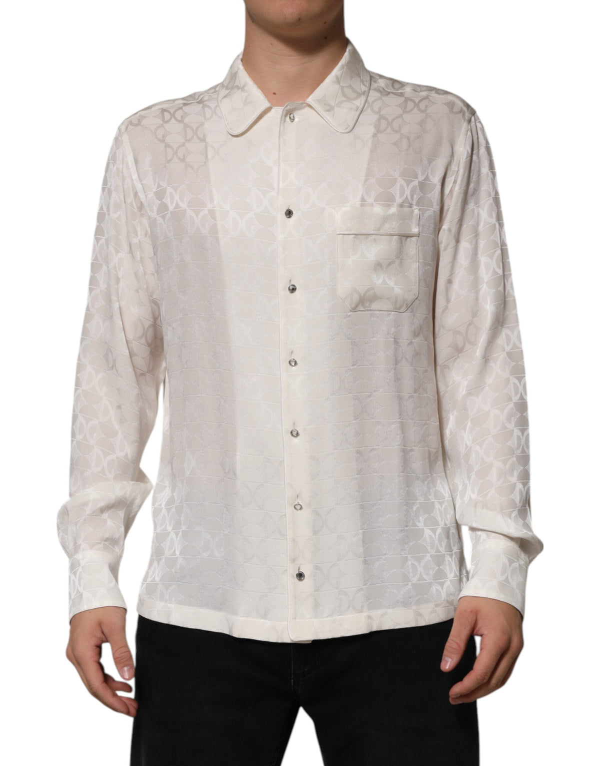 Indulge in the exquisite Dolce & Gabbana White Silk DG Logo Print Long Sleeves Shirt, a symbol of Italian craftsmanship that elevates your elegance and sophistication.