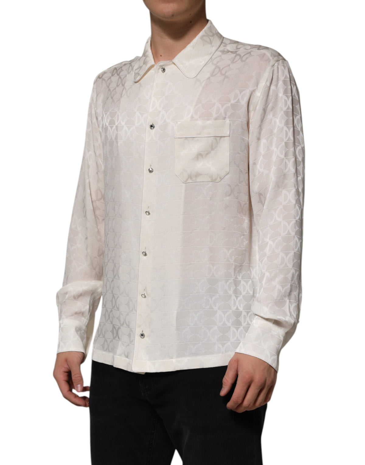 Indulge in the exquisite Dolce & Gabbana White Silk DG Logo Print Long Sleeves Shirt, a symbol of Italian craftsmanship that elevates your elegance and sophistication.