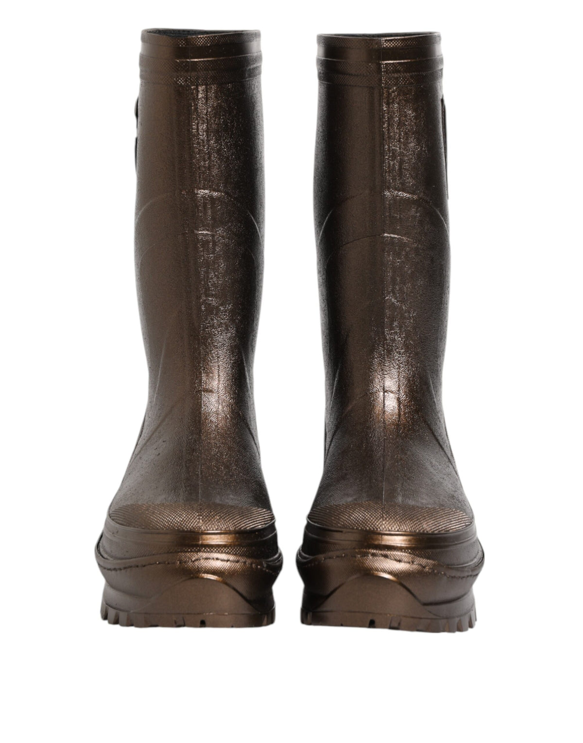 Elevate your rainy day elegance with Dolce & Gabbana's Metallic Bronze Pull On Rain Boots, where exquisite Italian craftsmanship meets luxurious style and effortless wear.