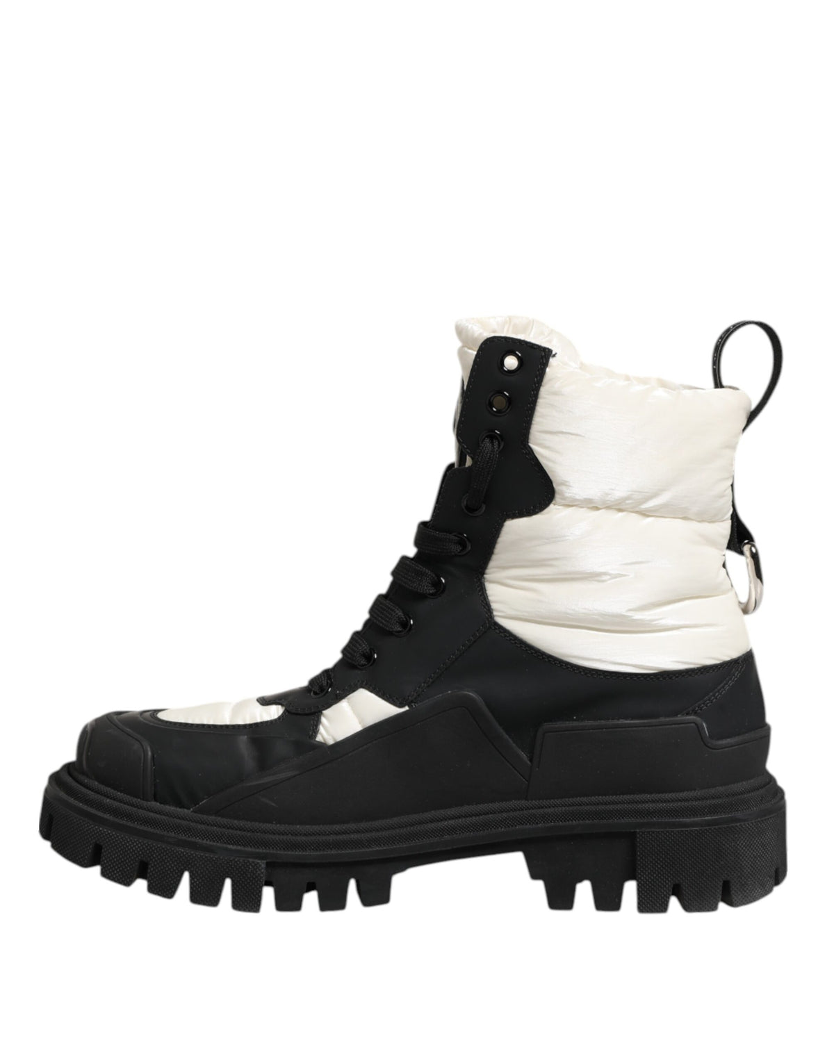 Step into luxury with Dolce & Gabbana's Black White Padded Mid Calf Lace Up Boots, crafted in Italy from premium polyester, embodying bold elegance and timeless allure.