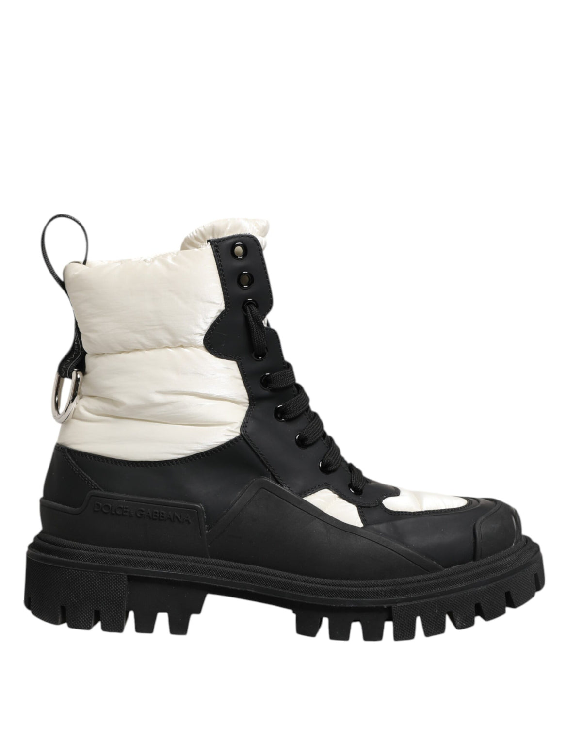Step into luxury with Dolce & Gabbana's Black White Padded Mid Calf Lace Up Boots, crafted in Italy from premium polyester, embodying bold elegance and timeless allure.