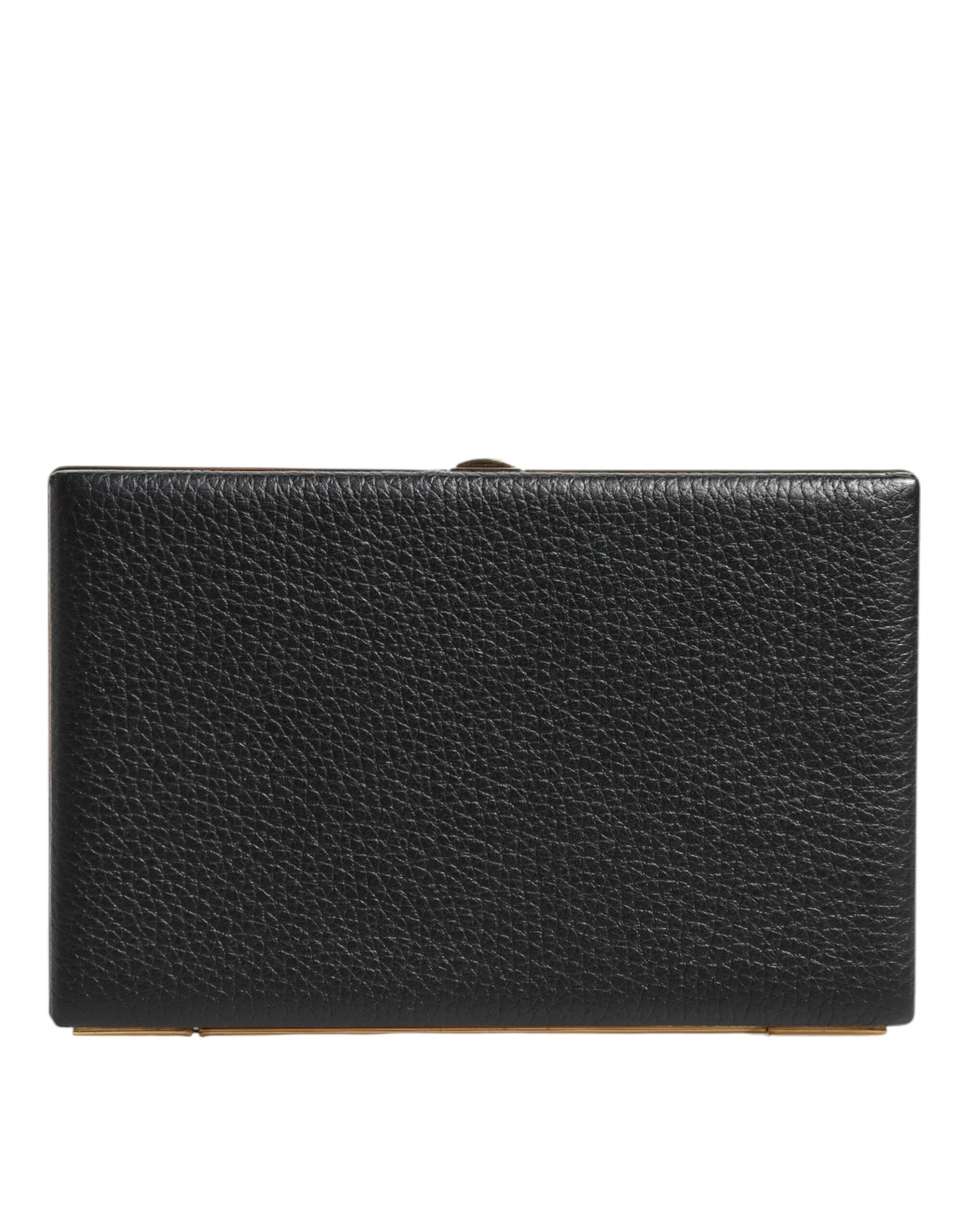 Indulge in the exquisite Dolce & Gabbana Black Leather Gold Frame Clutch, a timeless accessory of luxurious goat leather and gold detailing, perfect for elevating any evening ensemble.