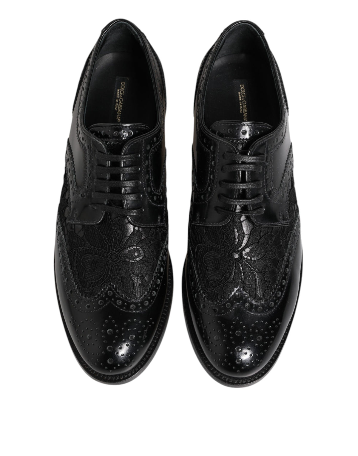 Elevate your elegance with Dolce & Gabbana's Black Leather Floral Lace Dress Formal Shoes, where exquisite craftsmanship meets timeless allure for the discerning individual.