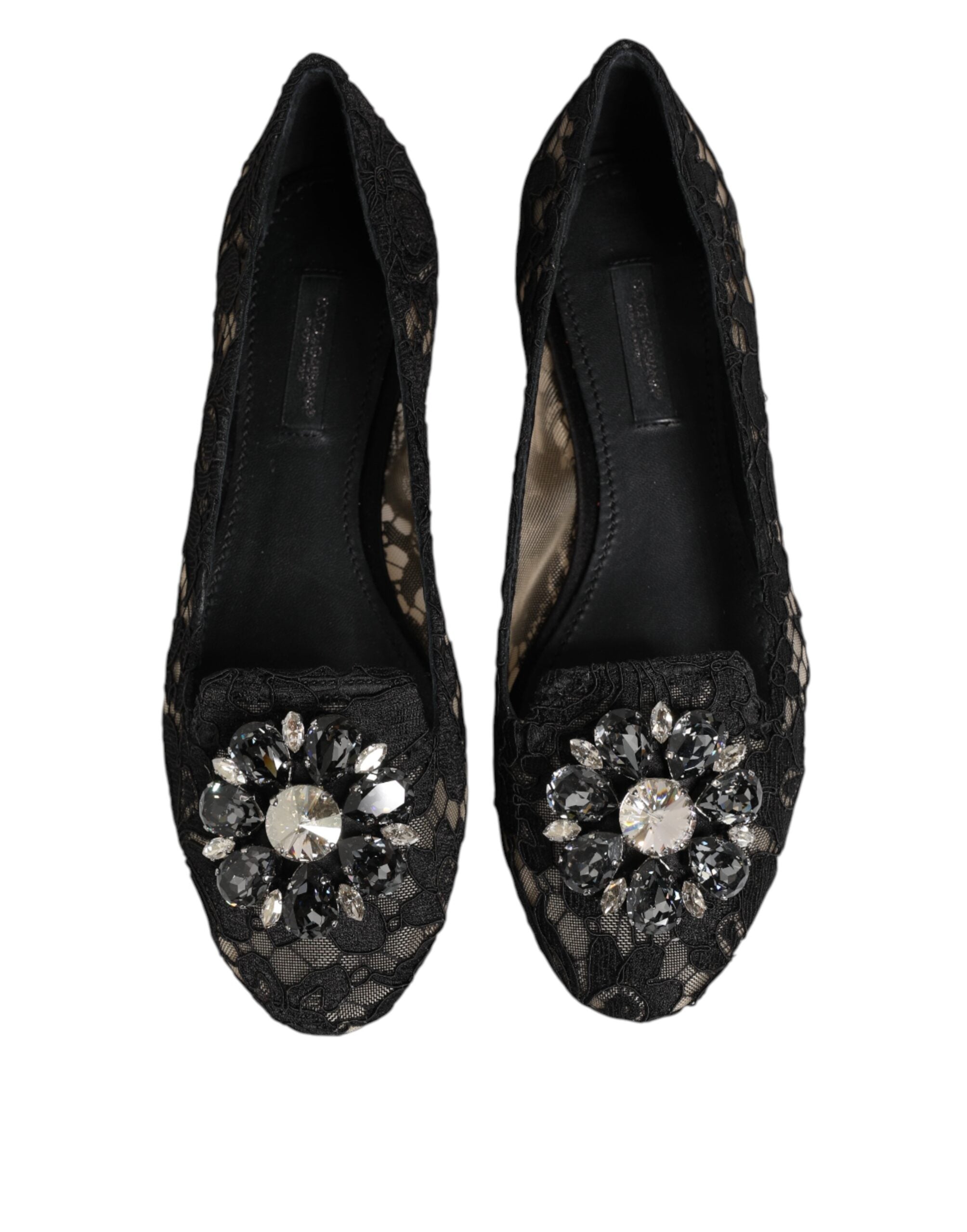 Elevate your elegance with Dolce & Gabbana's Black Taormina Lace Crystals Flats, where exquisite craftsmanship meets timeless luxury in a captivating design.