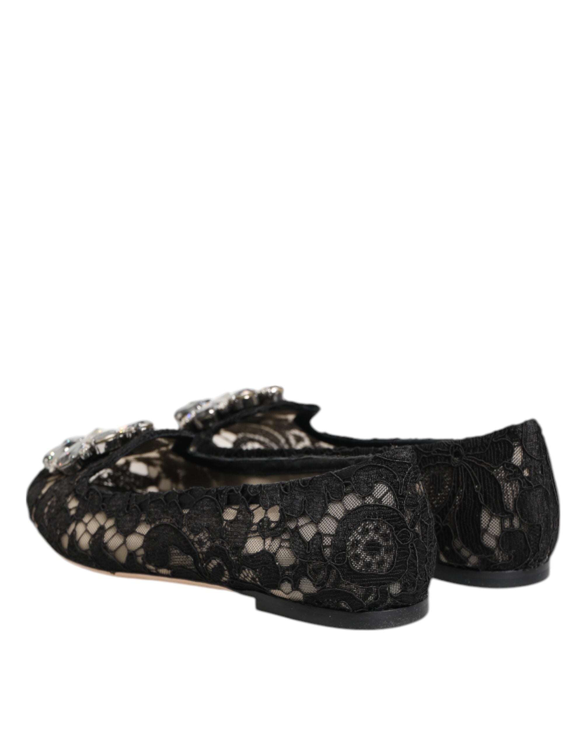 Elevate your elegance with Dolce & Gabbana's Black Taormina Lace Crystals Flats, where exquisite craftsmanship meets timeless sophistication in luxurious Italian design.