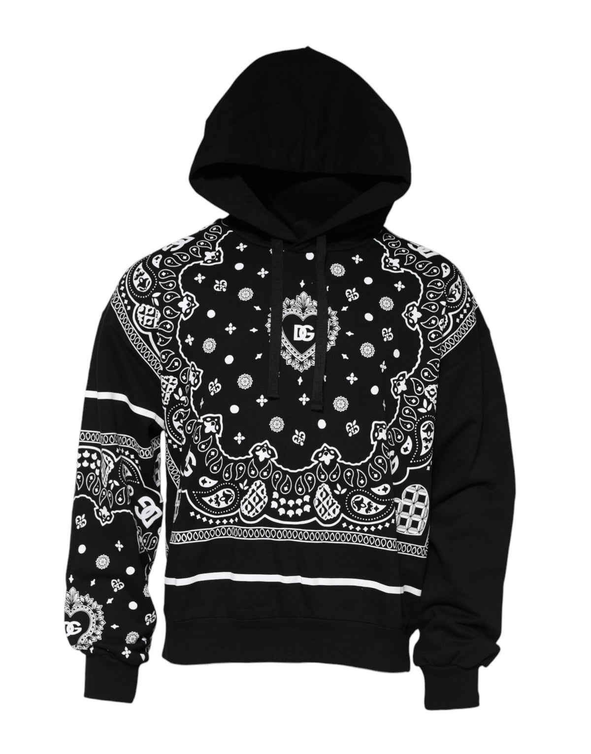 Indulge in the Dolce & Gabbana Black Bandana Hooded Sweatshirt, a masterpiece of Italian craftsmanship in 100% cotton, merging timeless elegance with contemporary allure.