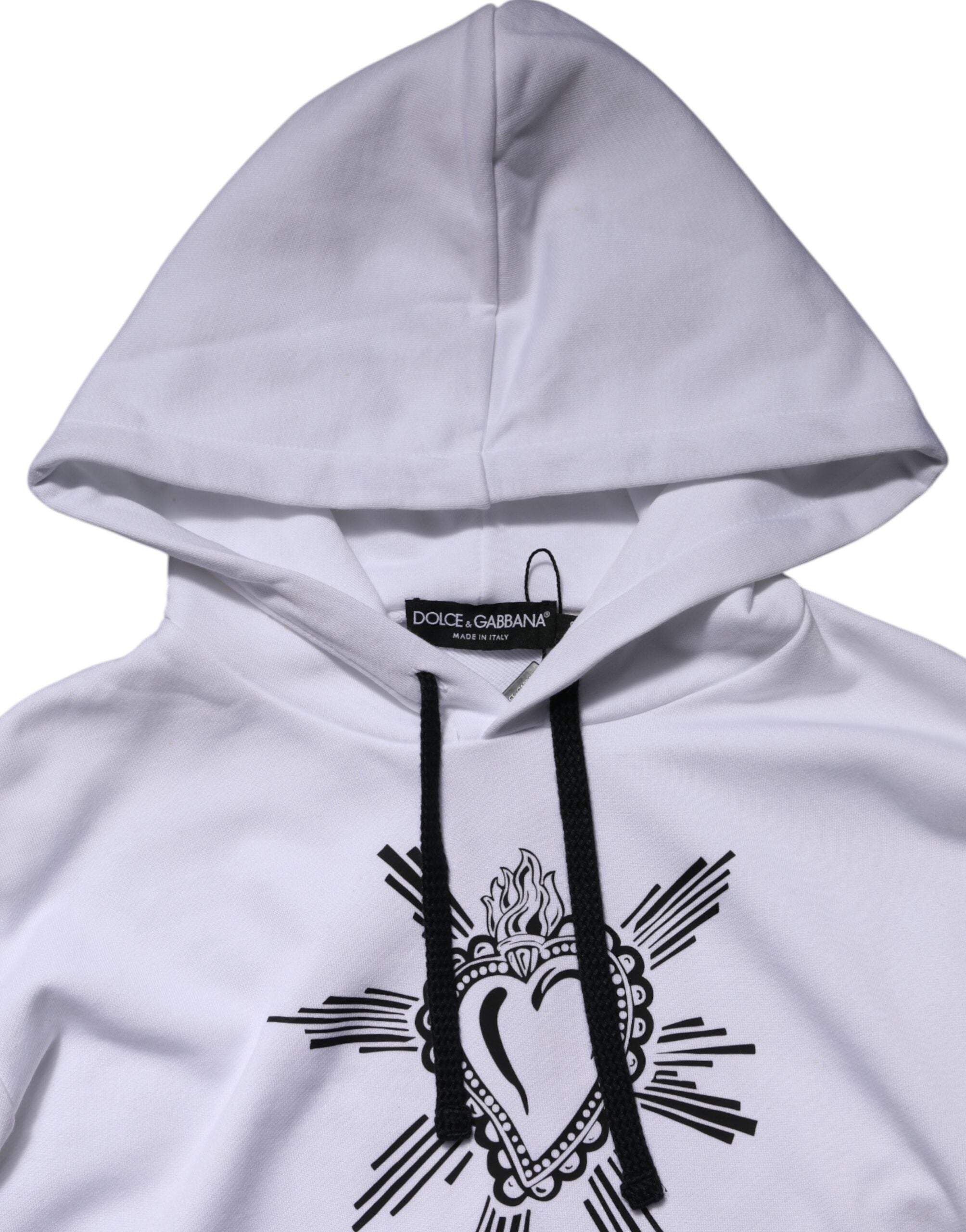 Elevate your wardrobe with the Dolce & Gabbana White Sacred Heart Hooded Sweatshirt, a blend of exquisite craftsmanship and timeless elegance in premium cotton.